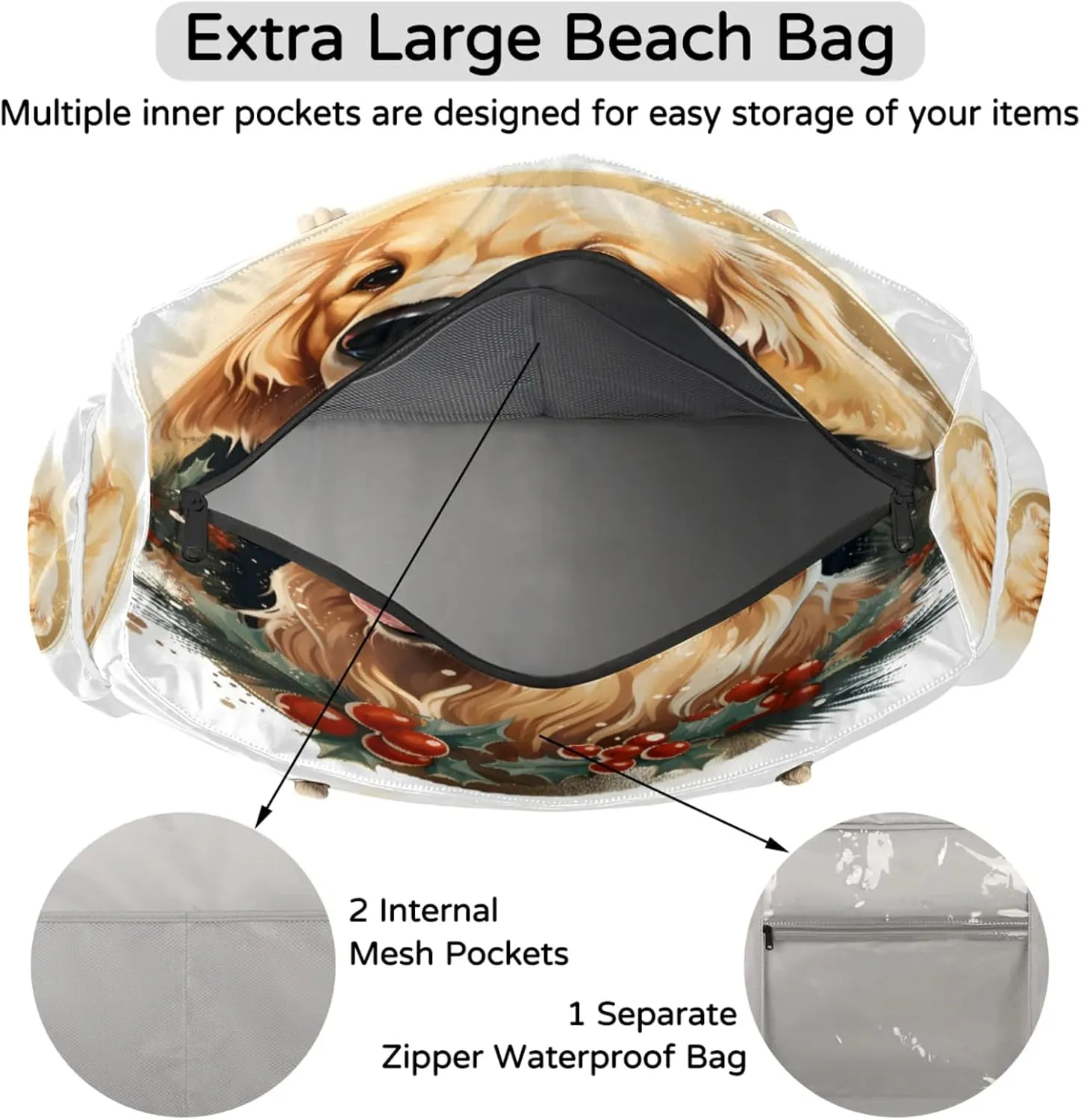 Large Beach Tote Bags with Zipper, Beach Bag for Women, Waterproof Sandproof Pool Swim Bags, Travel Tote Bag