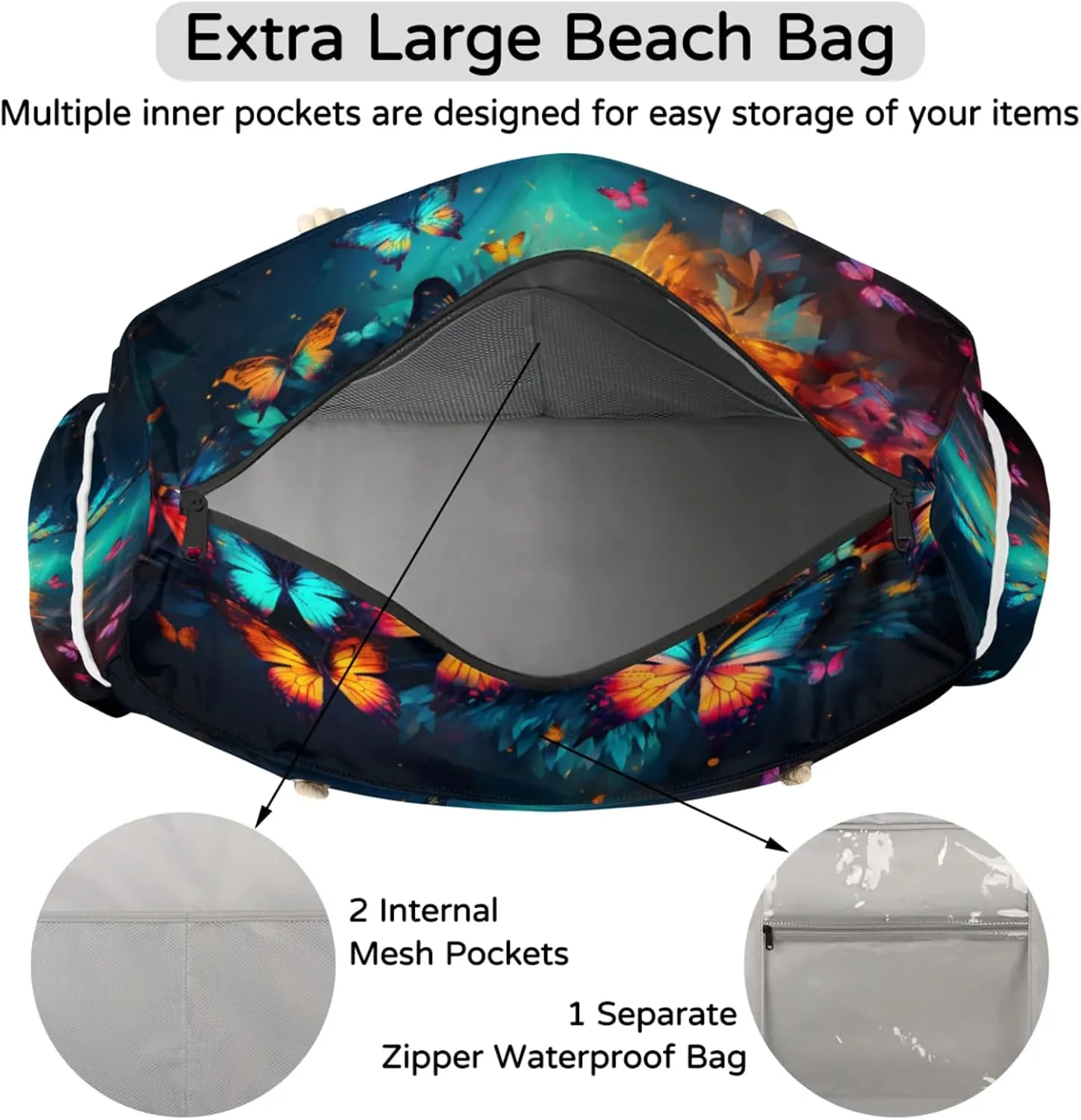 Large Beach Tote Bags with Zipper, Beach Bag for Women, Waterproof Sandproof Pool Swim Bags, Travel Tote Bag
