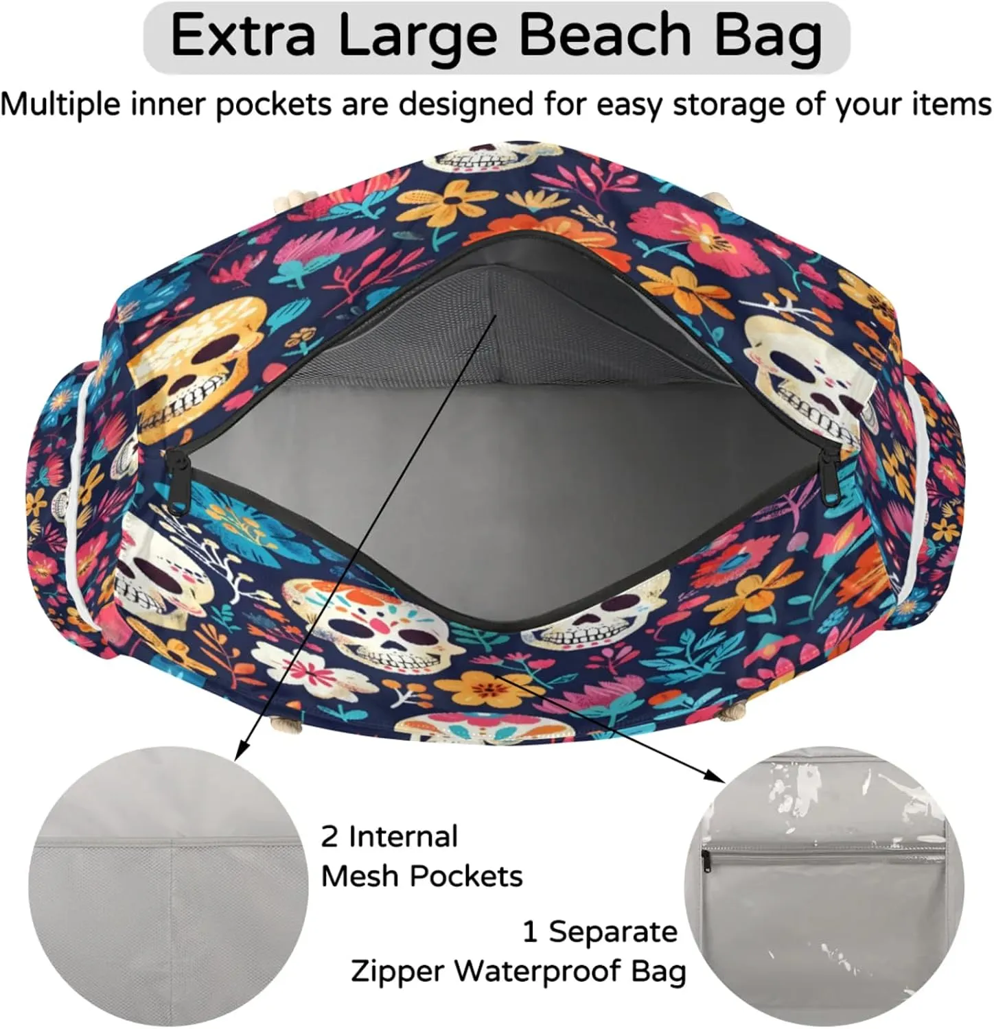 Large Beach Tote Bags with Zipper, Beach Bag for Women, Waterproof Sandproof Pool Swim Bags, Travel Tote Bag
