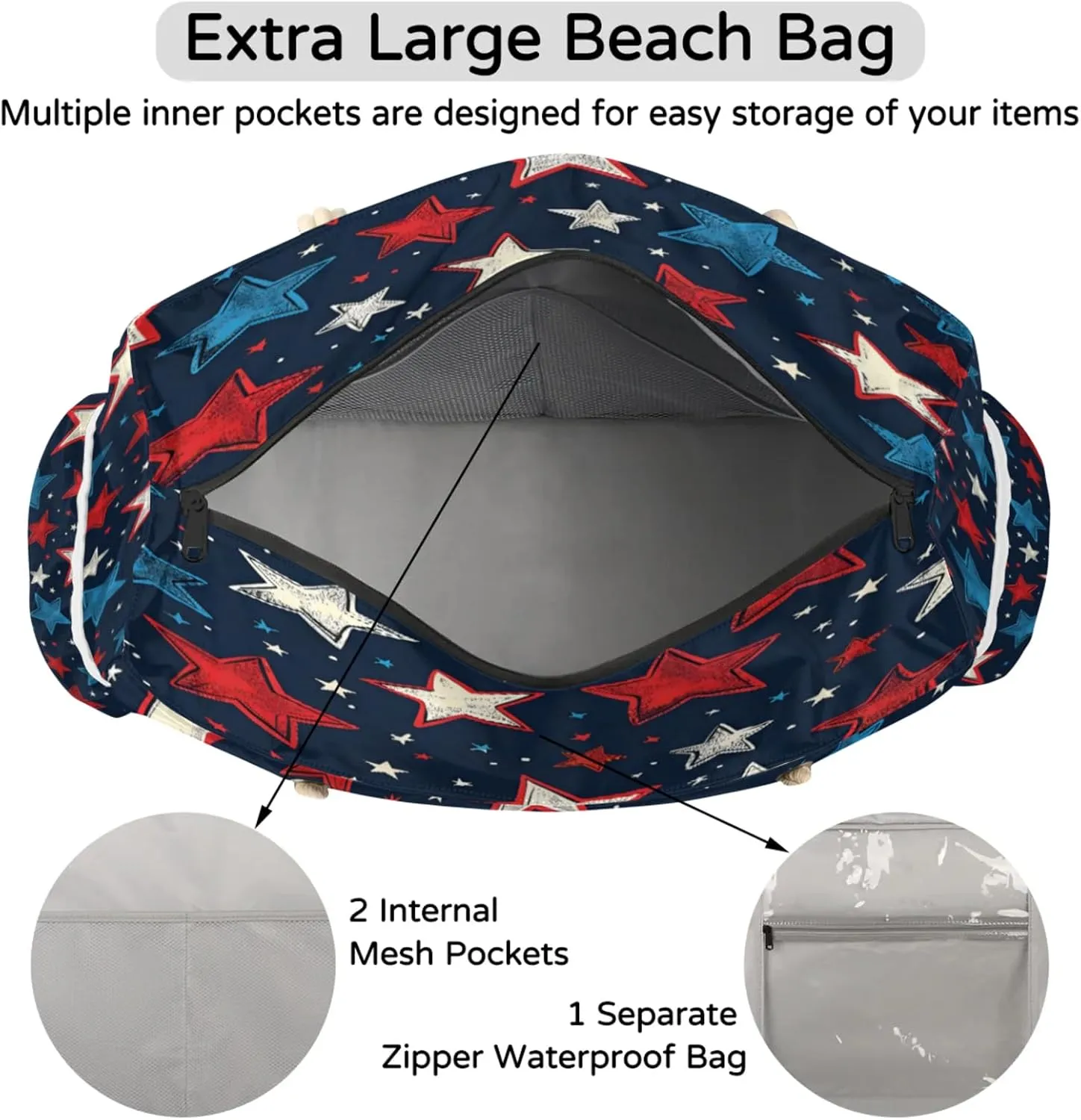 Large Beach Tote Bags with Zipper, Beach Bag for Women, Waterproof Sandproof Pool Swim Bags, Travel Tote Bag