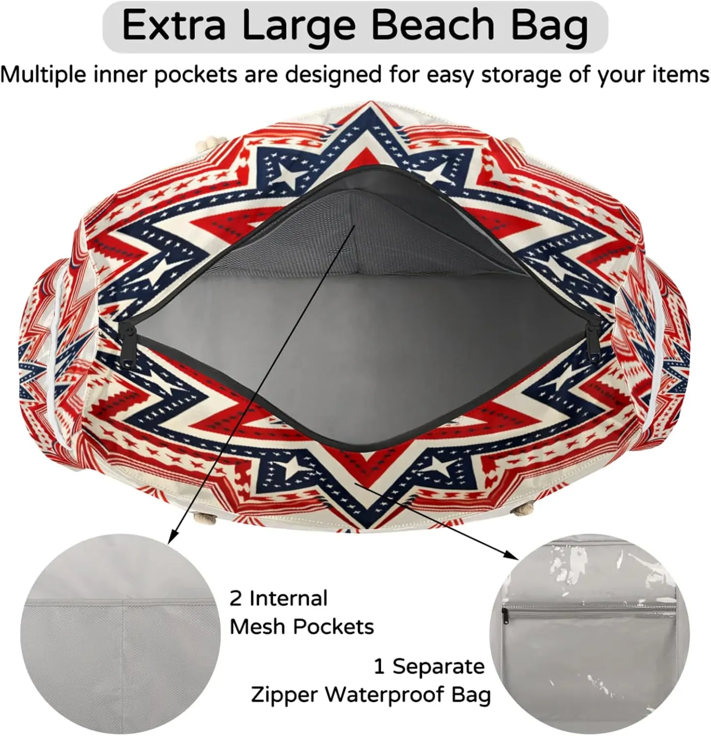 Large Beach Tote Bags with Zipper, Beach Bag for Women, Waterproof Sandproof Pool Swim Bags, Travel Tote Bag