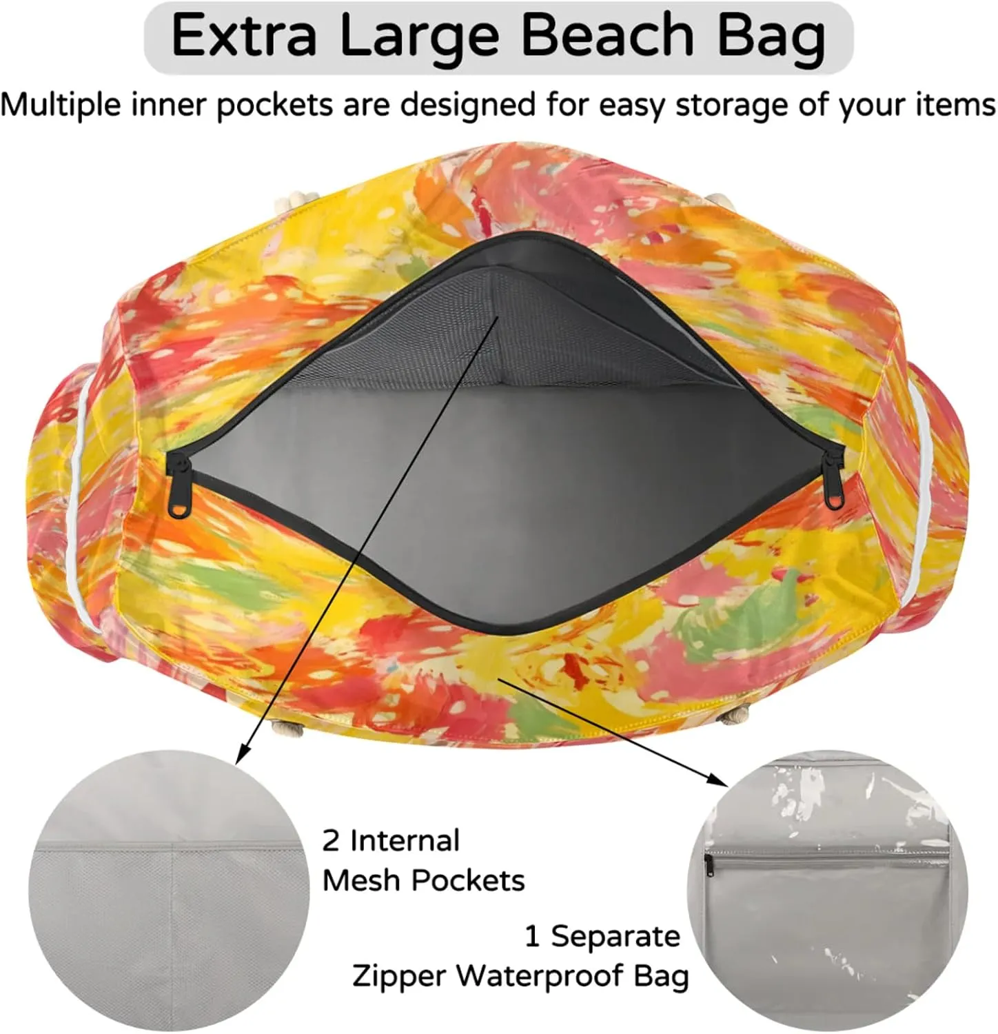 Large Beach Tote Bags with Zipper, Beach Bag for Women, Waterproof Sandproof Pool Swim Bags, Travel Tote Bag