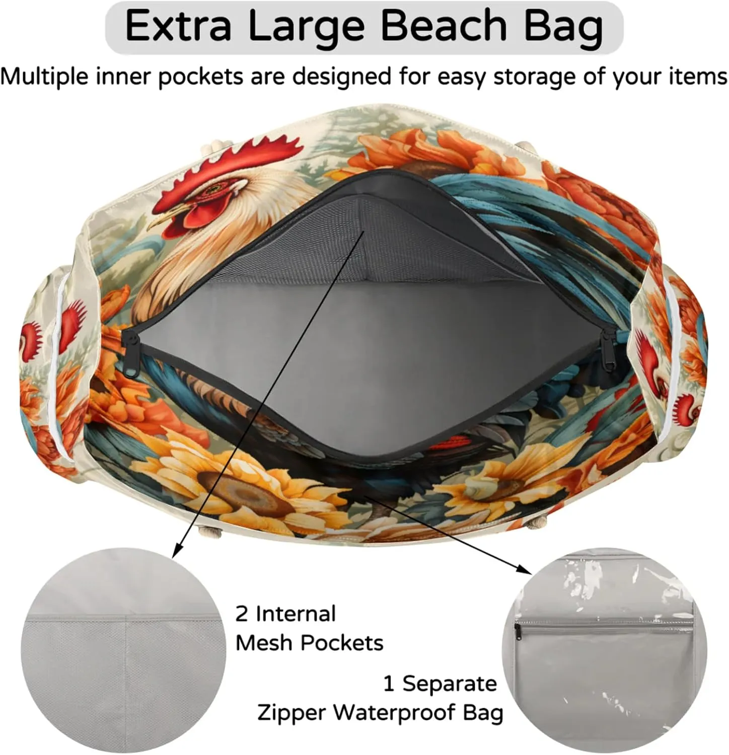 Large Beach Tote Bags with Zipper, Beach Bag for Women, Waterproof Sandproof Pool Swim Bags, Travel Tote Bag