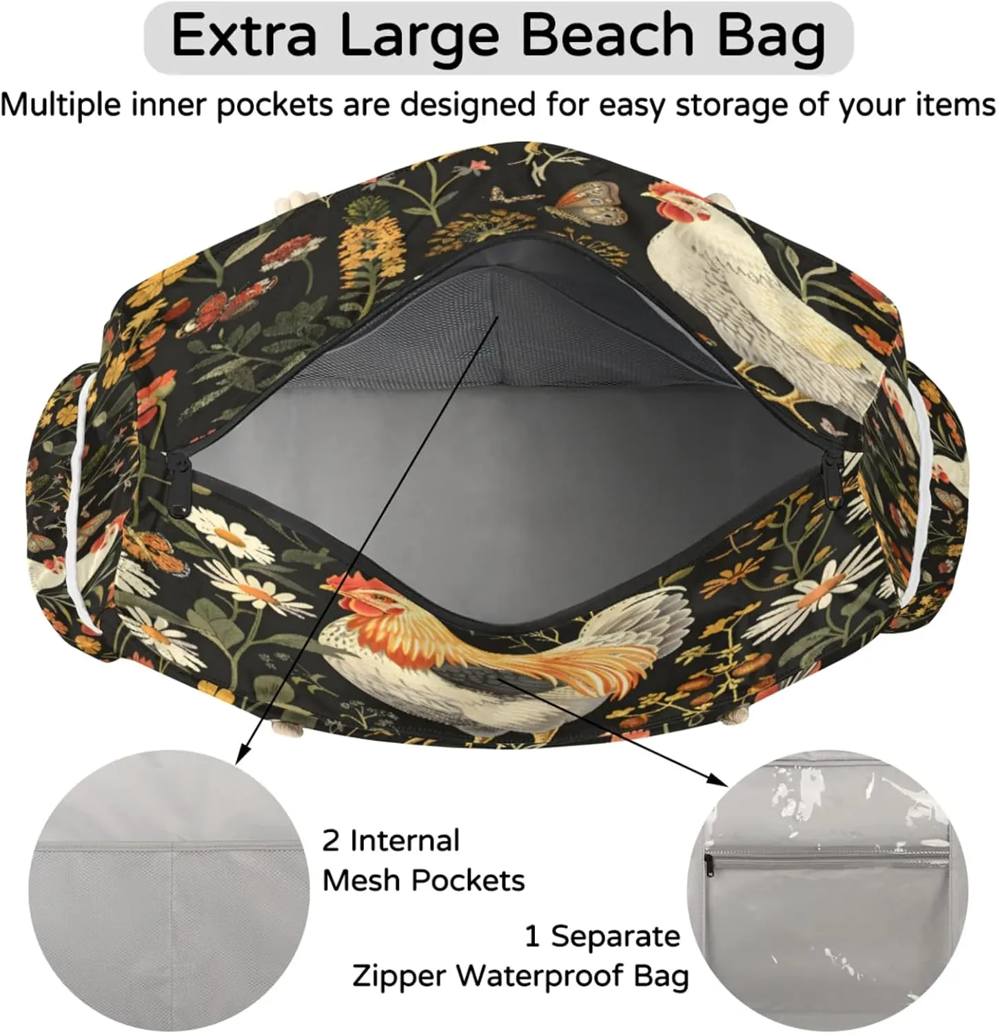 Large Beach Tote Bags with Zipper, Beach Bag for Women, Waterproof Sandproof Pool Swim Bags, Travel Tote Bag