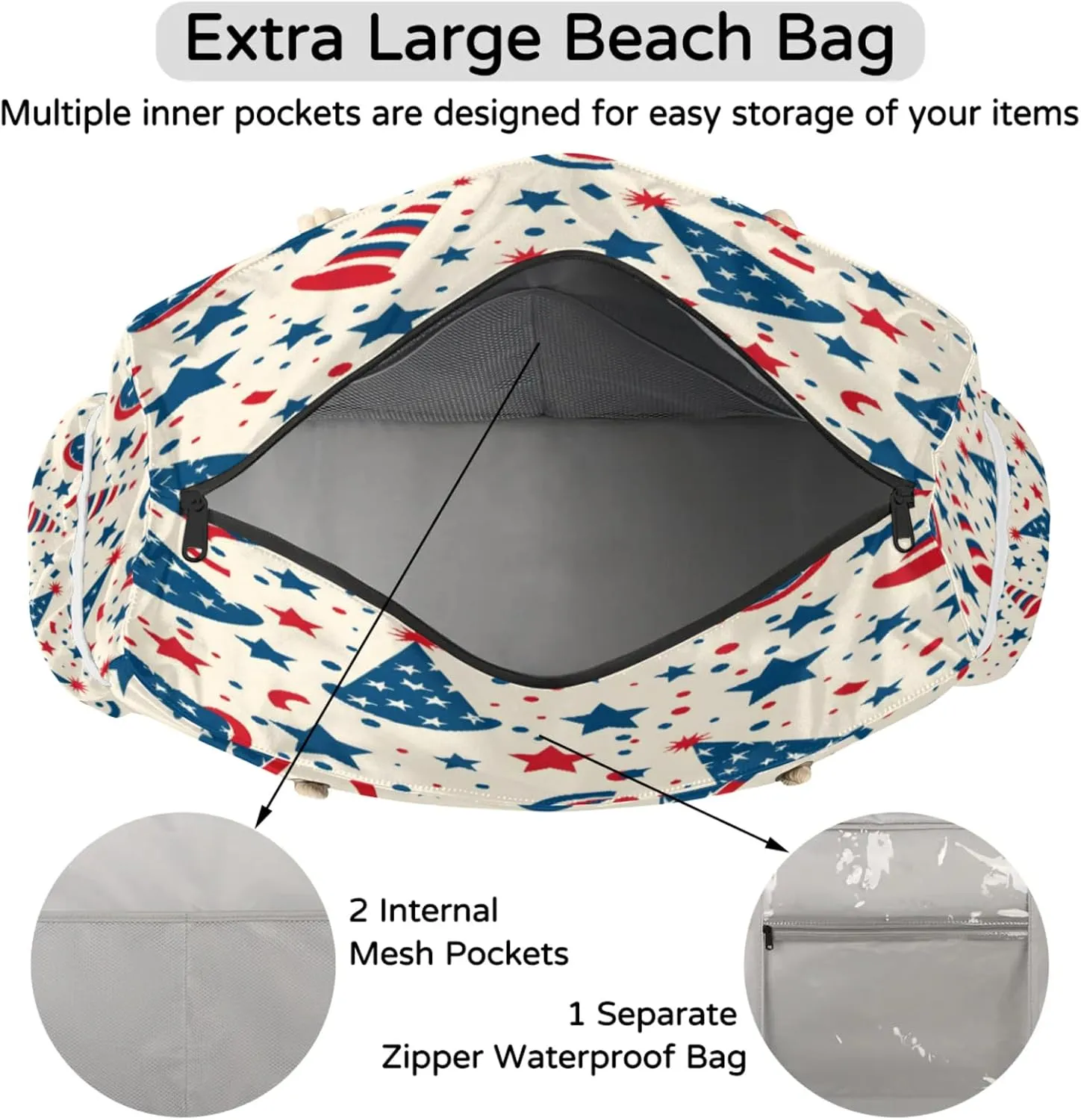 Large Beach Tote Bags with Zipper, Beach Bag for Women, Waterproof Sandproof Pool Swim Bags, Travel Tote Bag