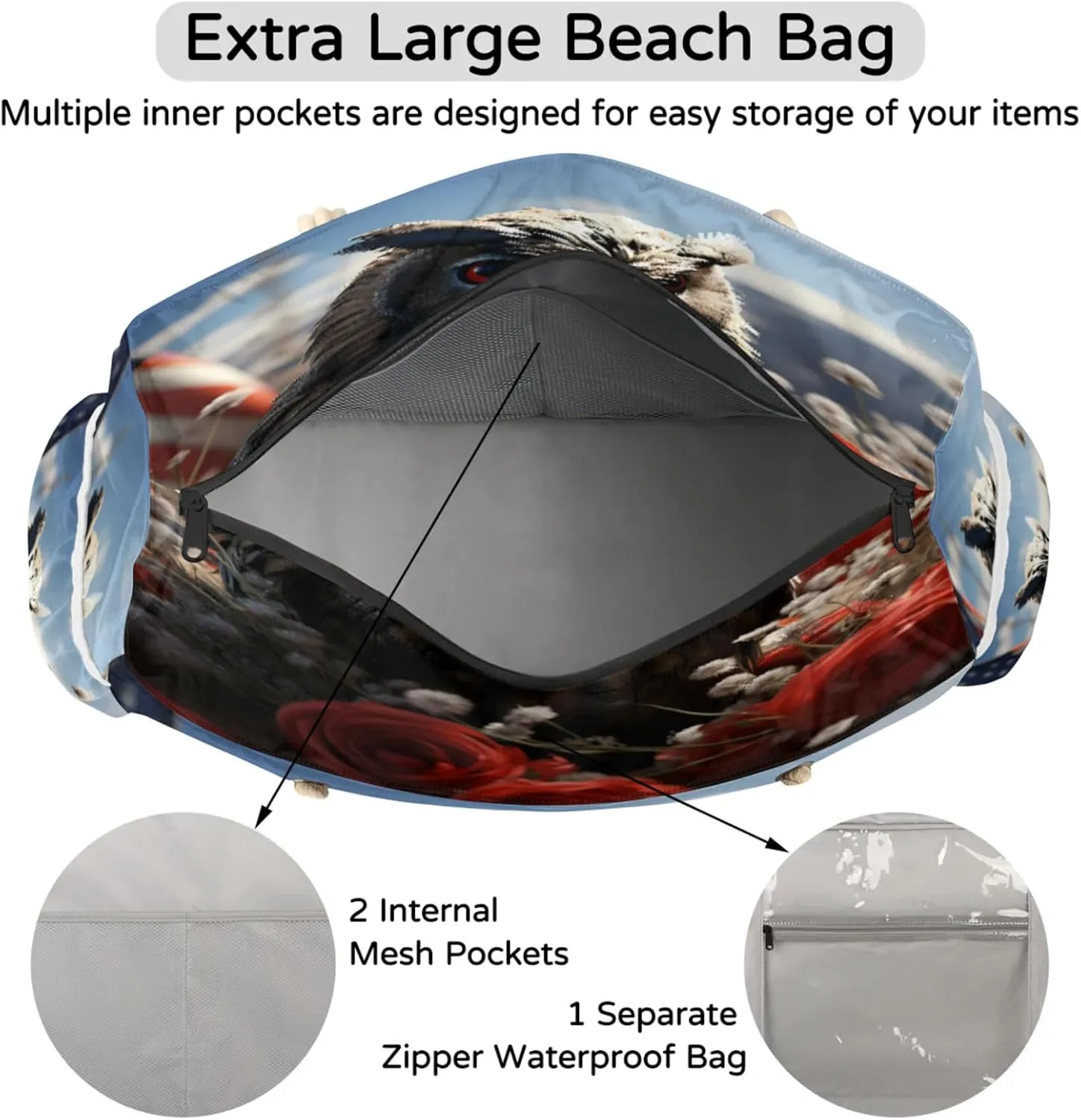 Large Beach Tote Bags with Zipper, Beach Bag for Women, Waterproof Sandproof Pool Swim Bags, Travel Tote Bag
