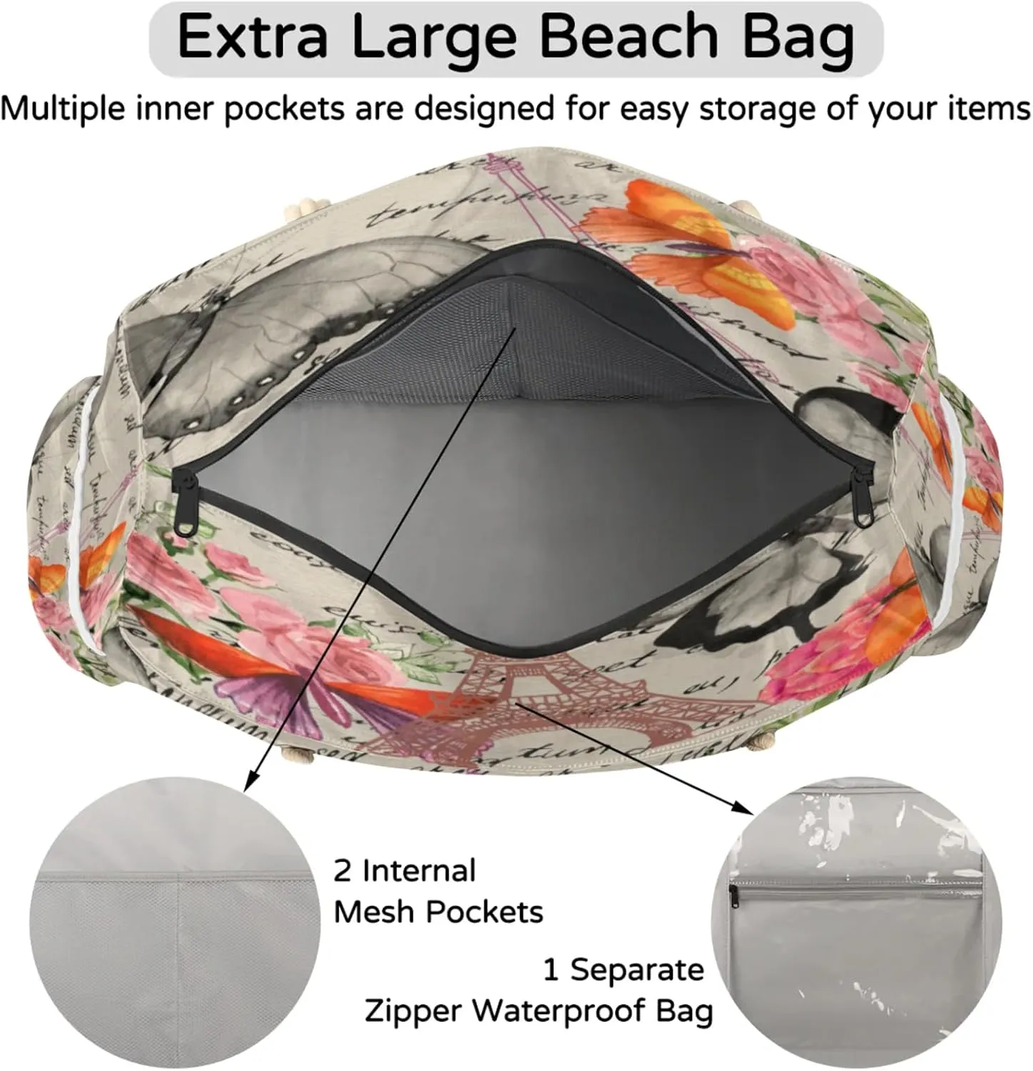 Large Beach Tote Bags with Zipper, Beach Bag for Women, Waterproof Sandproof Pool Swim Bags, Travel Tote Bag