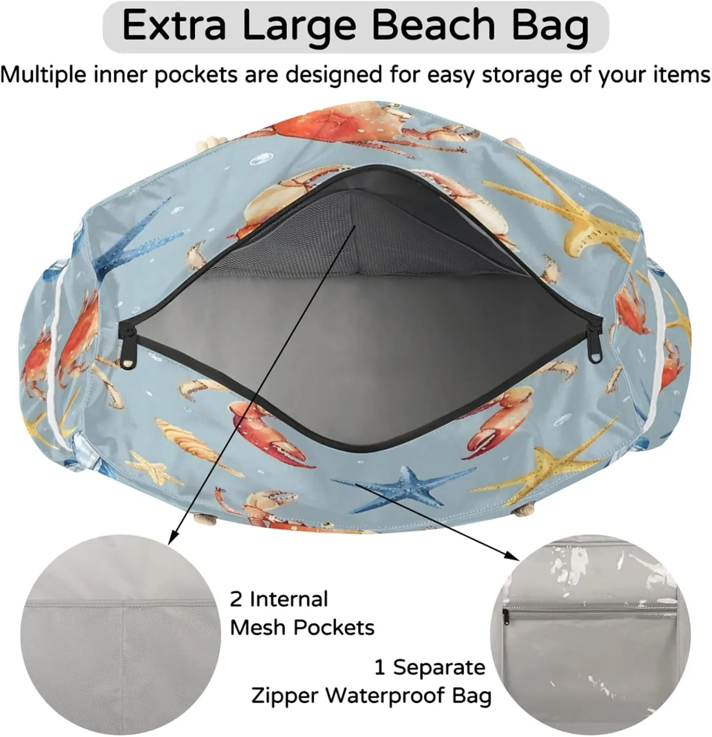 Large Beach Tote Bags with Zipper, Beach Bag for Women, Waterproof Sandproof Pool Swim Bags, Travel Tote Bag