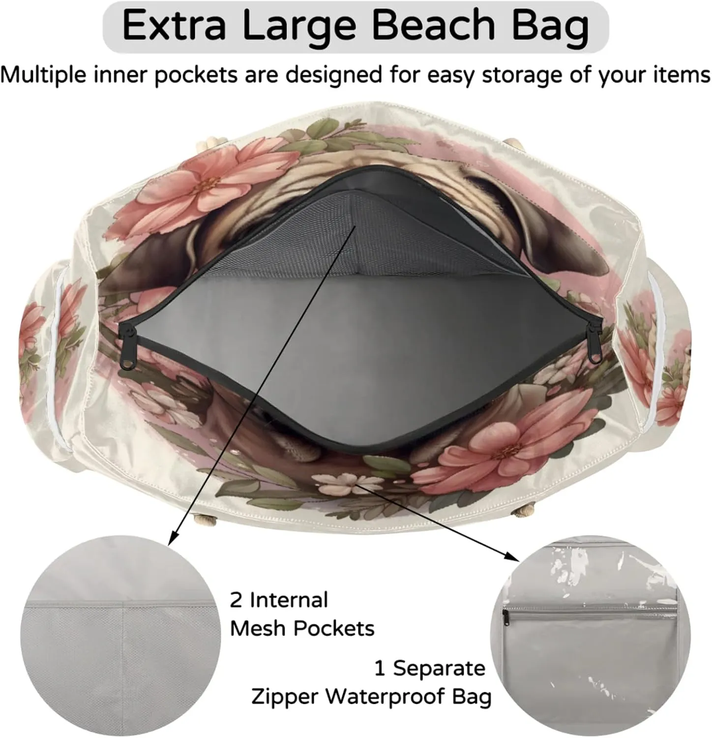 Large Beach Tote Bags with Zipper, Beach Bag for Women, Waterproof Sandproof Pool Swim Bags, Travel Tote Bag