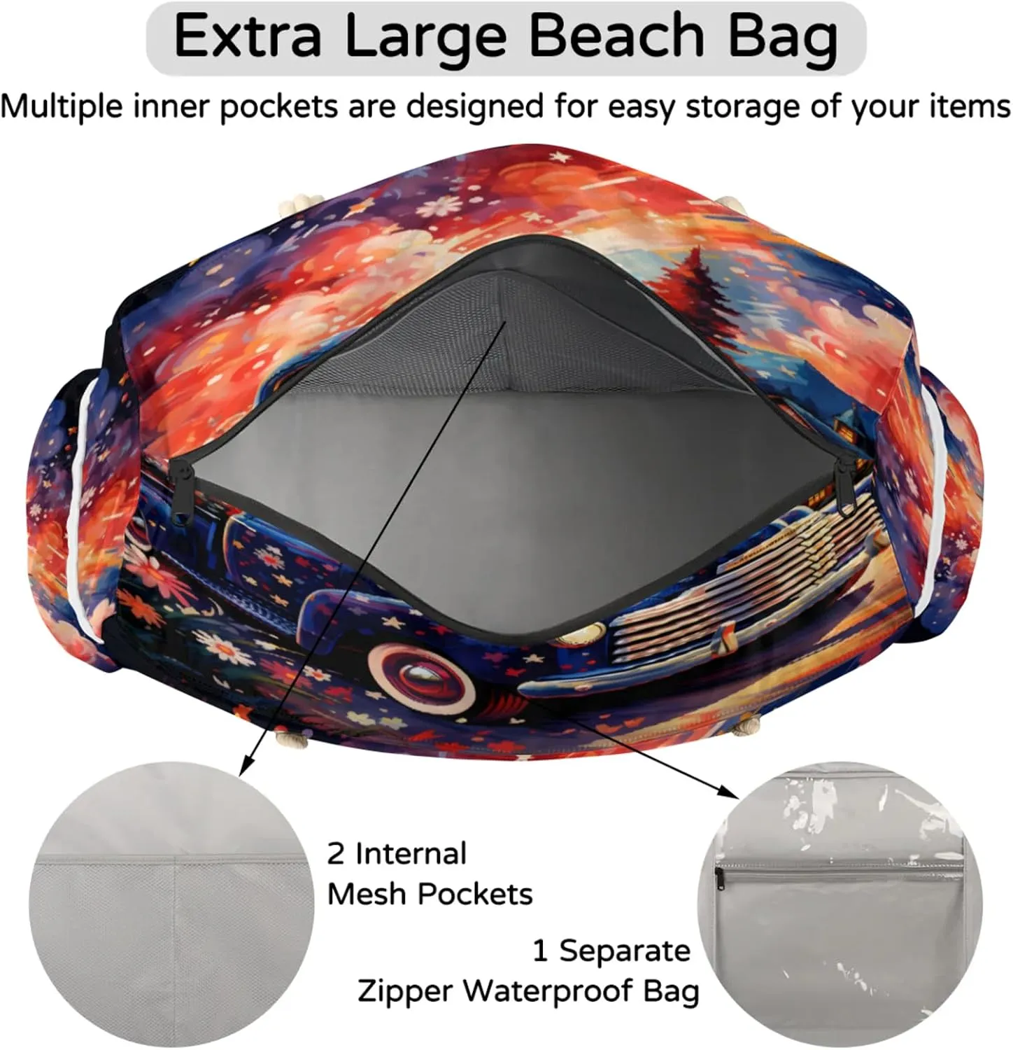 Large Beach Tote Bags with Zipper, Beach Bag for Women, Waterproof Sandproof Pool Swim Bags, Travel Tote Bag