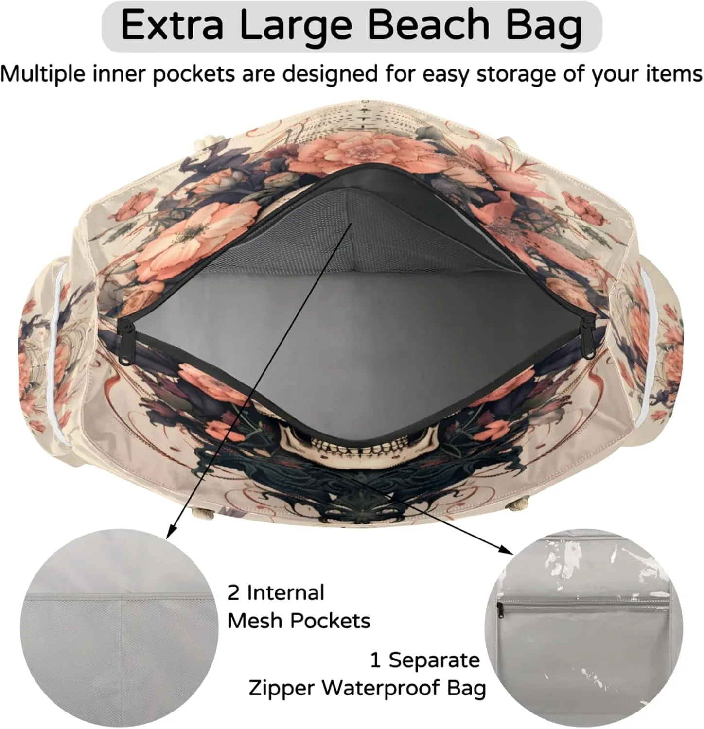 Large Beach Tote Bags with Zipper, Beach Bag for Women, Waterproof Sandproof Pool Swim Bags, Travel Tote Bag