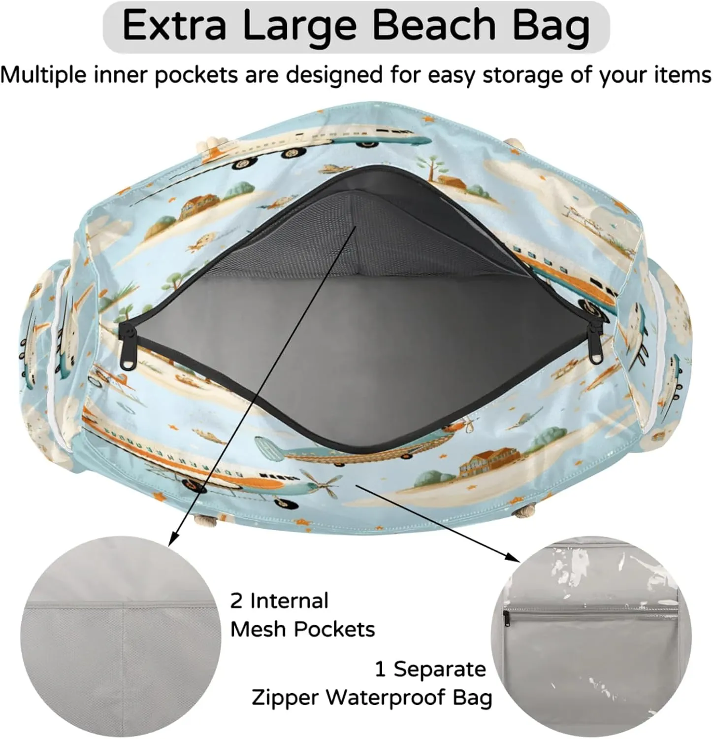 Large Beach Tote Bags with Zipper, Beach Bag for Women, Waterproof Sandproof Pool Swim Bags, Travel Tote Bag