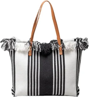 Large Canvas Tote Bags with Tassel for Women, Stripe Plaid Embroidery Beach Shoulder Bag for Shop Travel Handbag