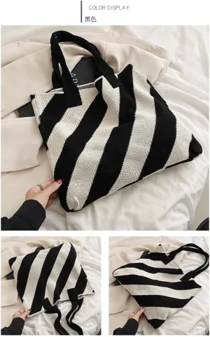 Large Capacity Tote Bag stripe Women Knitting Shoulder Bags Summer Beach Handbag