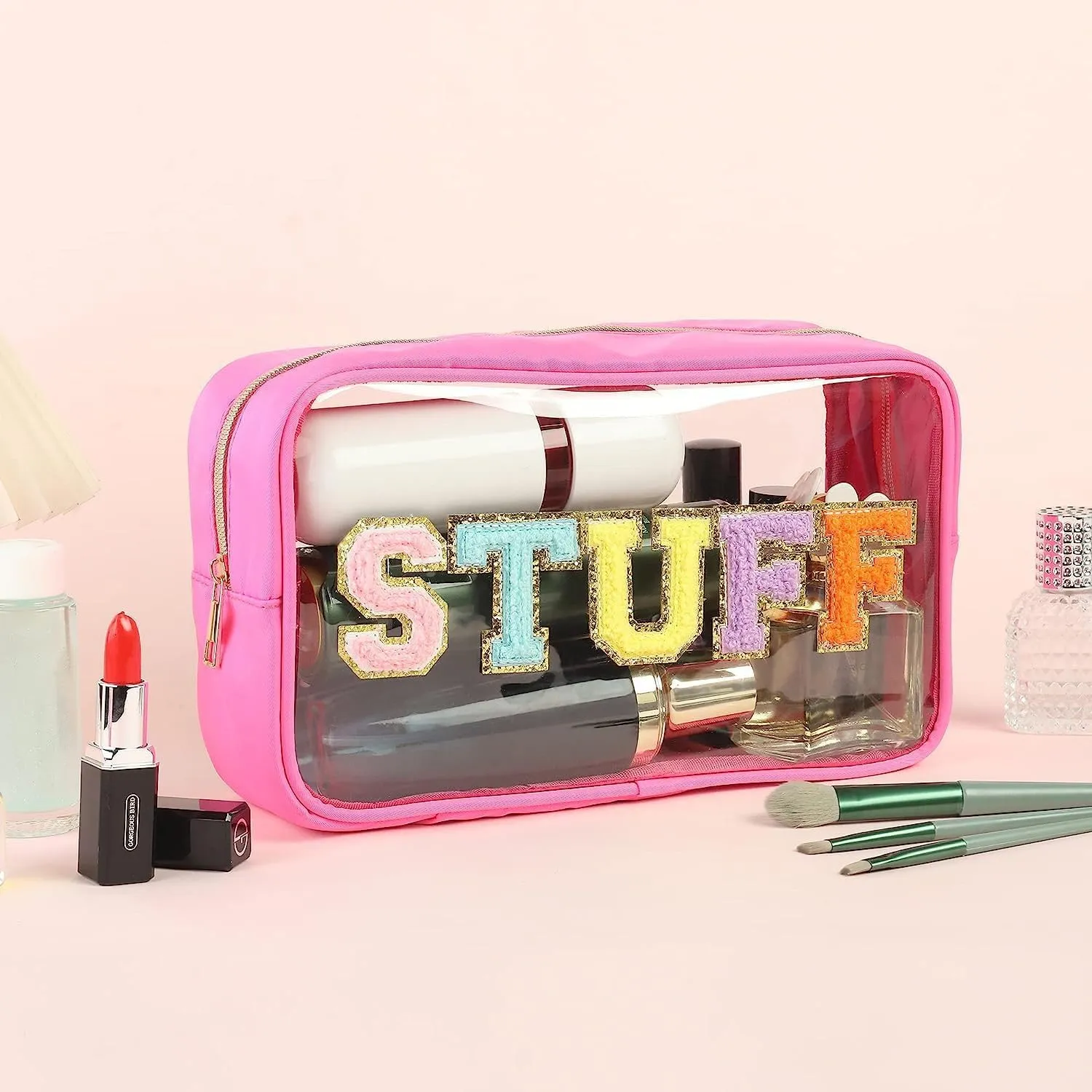 Large Chenille Letters Makeup Bag - Clear Glitter Preppy Patch Stuff Cosmetic Bag for Travel, Beach, Women's Gift (10.62*6.29*3.54 inch, Sky Blue)