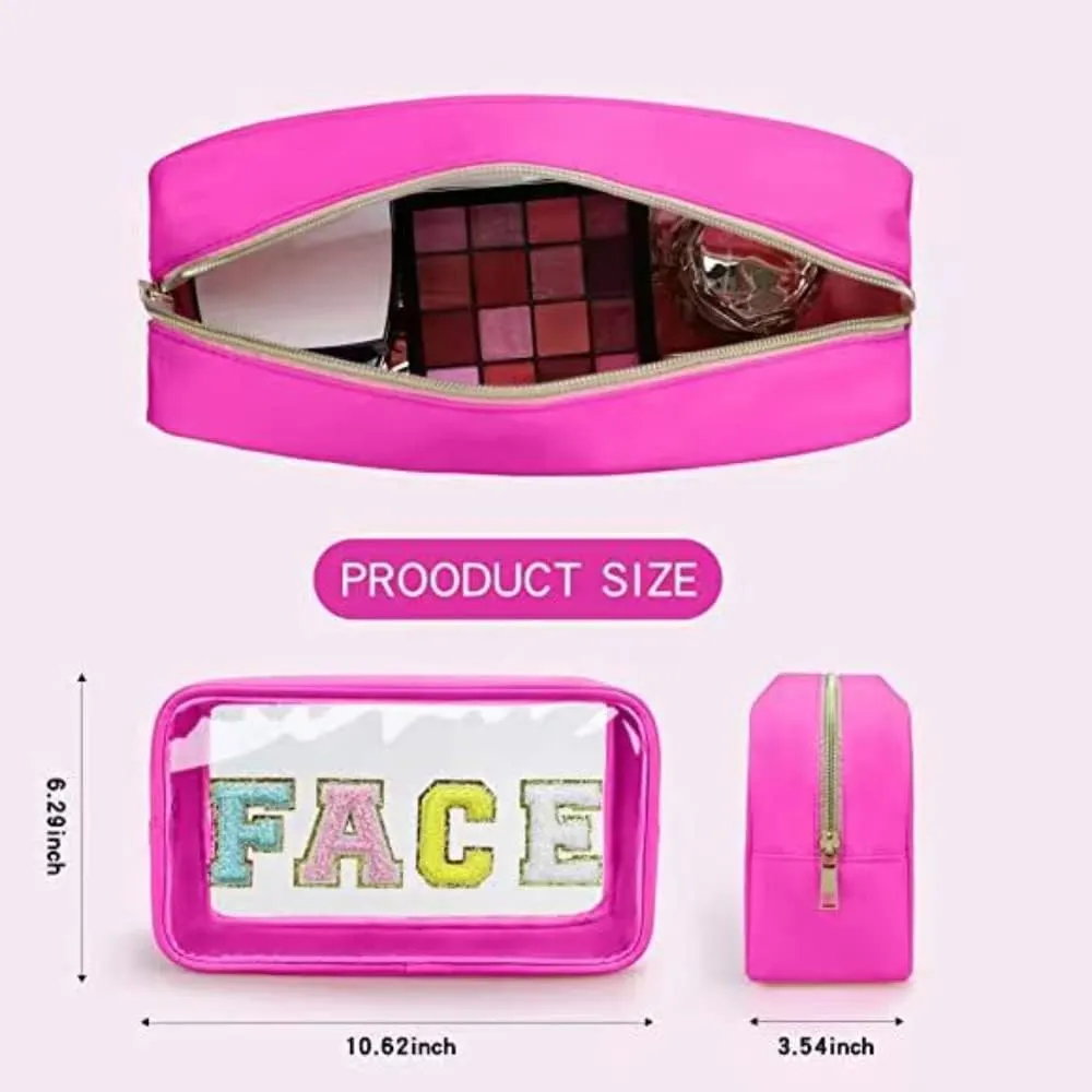 Large Clear Chenille Letters Makeup Bag for Travel,Beach, Clear Glitter Preppy Patch Stuff Cosmetic Bag,Clear Toiletry Stuff Pouch for Women for Valentines Day Gifts (10.62*6.29*3.54 inch,Apricot)