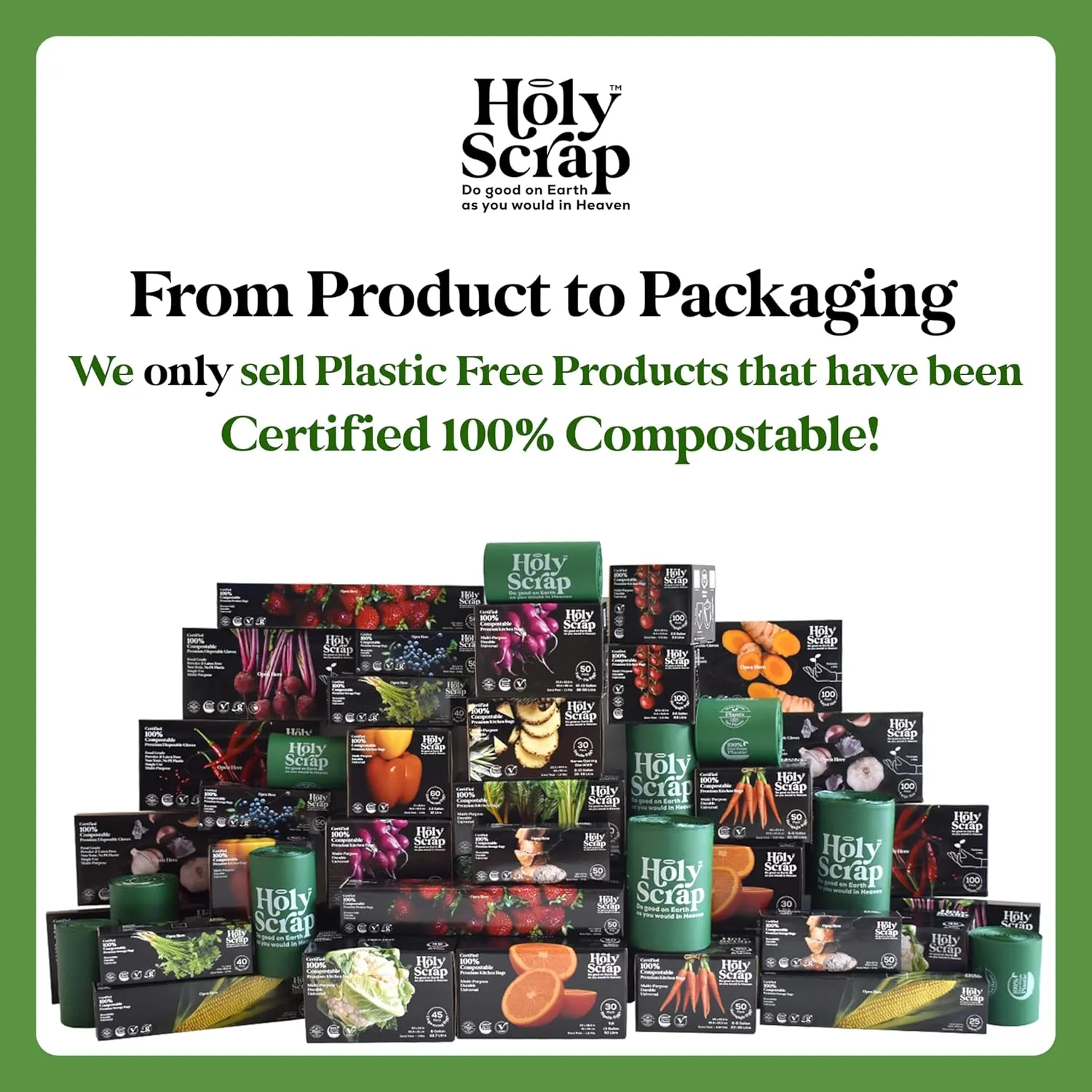 Large Compostable Trash Bags - 10-13 Gallon, 50 Pack, 100% Plastic-Free Decomposing Easy-Tie Trash Can Bags & Liners, Thick Kitchen, Bathroom & Backyard Bin Bags for Food & Green Waste
