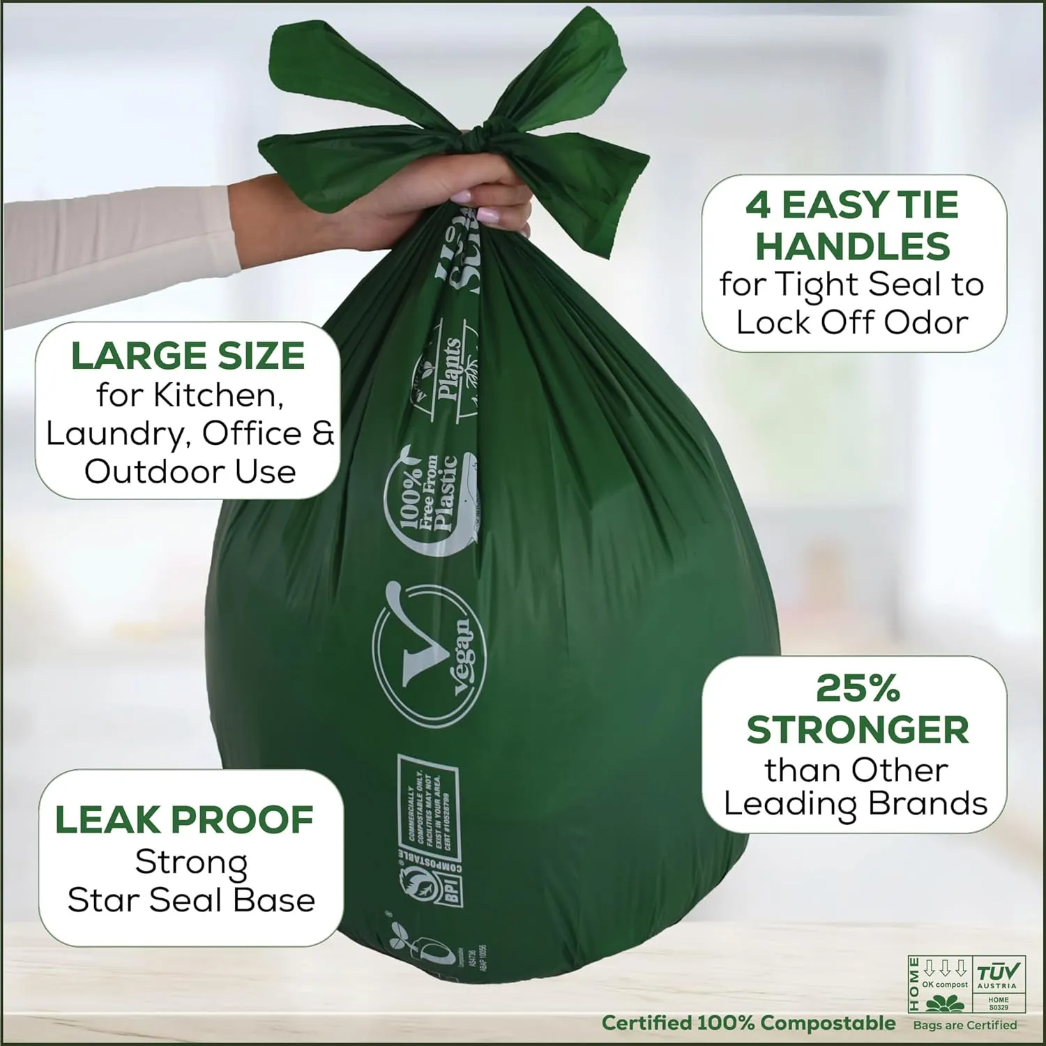 Large Compostable Trash Bags - 10-13 Gallon, 50 Pack, 100% Plastic-Free Decomposing Easy-Tie Trash Can Bags & Liners, Thick Kitchen, Bathroom & Backyard Bin Bags for Food & Green Waste