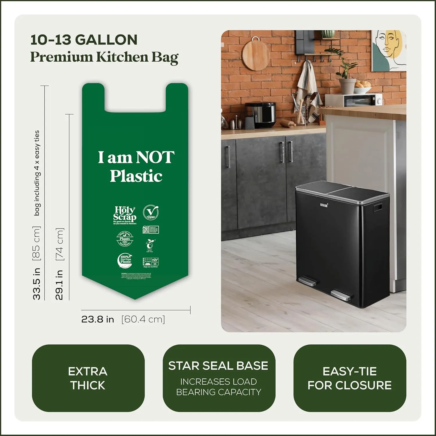 Large Compostable Trash Bags - 10-13 Gallon, 50 Pack, 100% Plastic-Free Decomposing Easy-Tie Trash Can Bags & Liners, Thick Kitchen, Bathroom & Backyard Bin Bags for Food & Green Waste