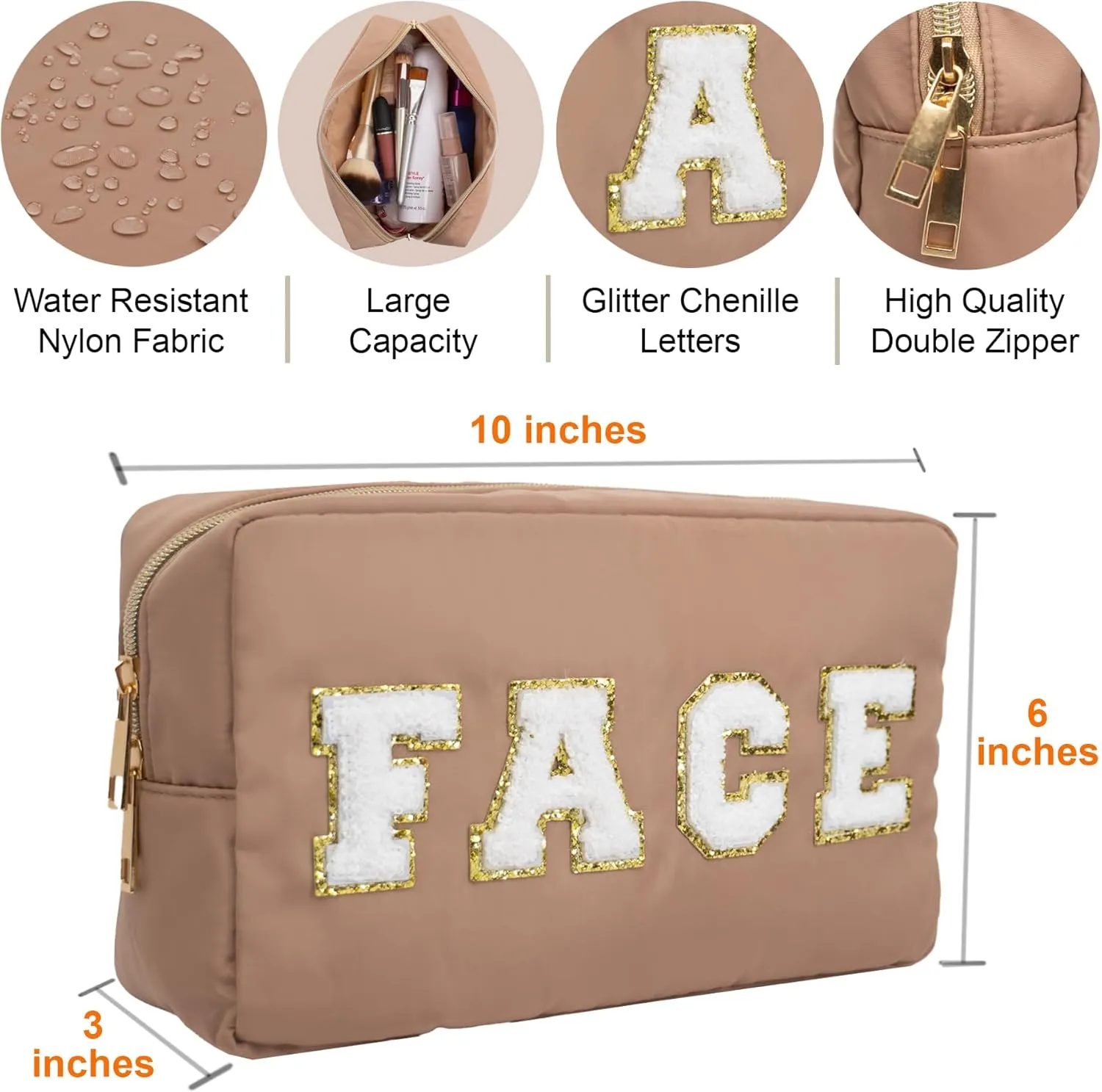 Large Preppy Chenille Letter Bag - 4 Piece Set - Zipper Nylon Bags for Women & Girls - Neutral Colors (Brown, Pink, Tan & White)
