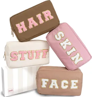 Large Preppy Chenille Letter Bag - 4 Piece Set - Zipper Nylon Bags for Women & Girls - Neutral Colors (Brown, Pink, Tan & White)