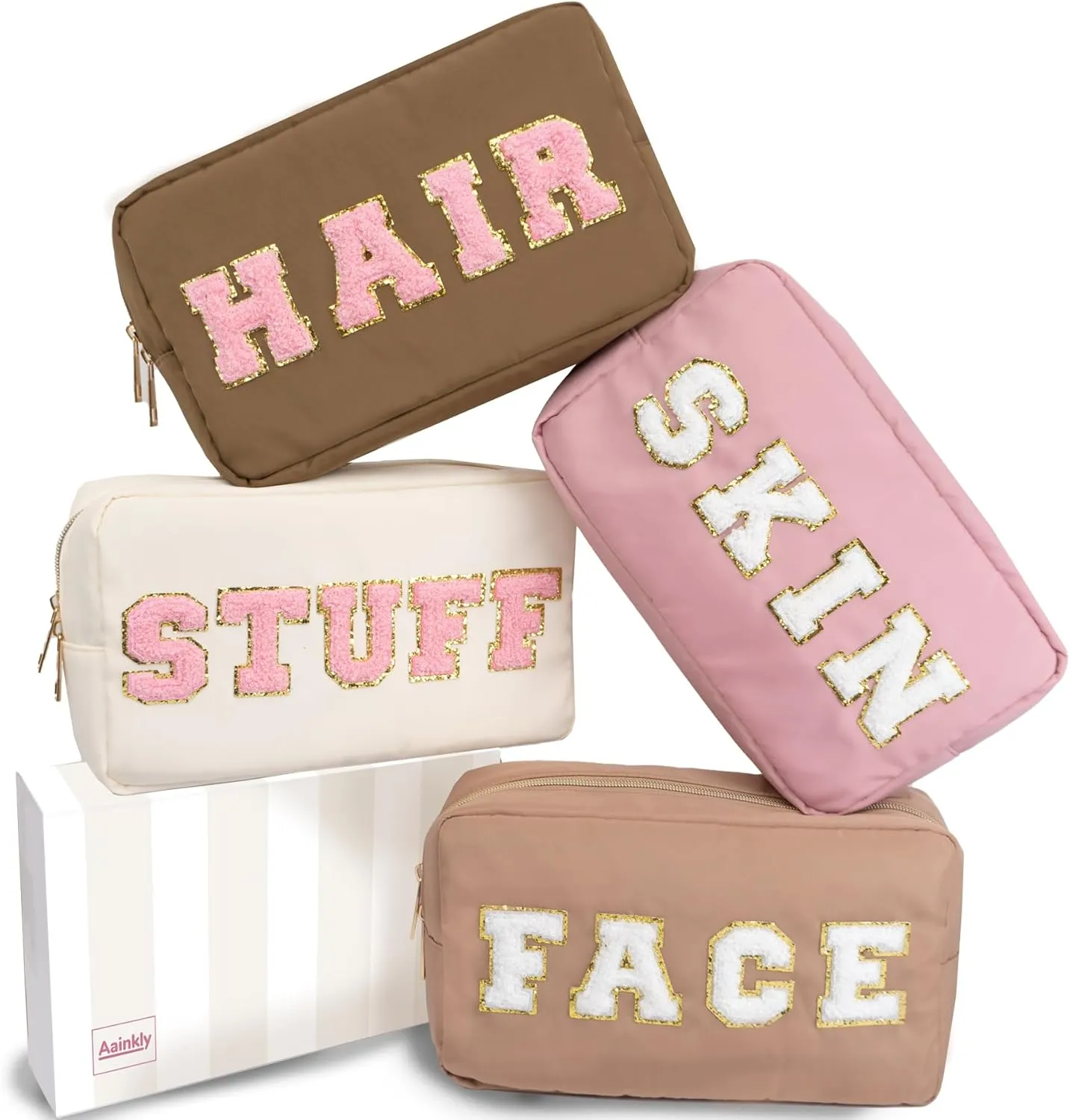 Large Preppy Chenille Letter Bag - 4 Piece Set - Zipper Nylon Bags for Women & Girls - Neutral Colors (Brown, Pink, Tan & White)