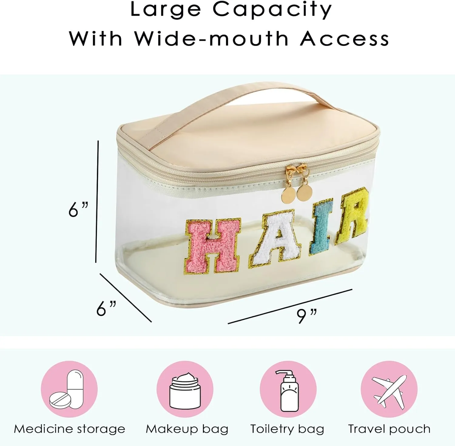 Large Waterproof Chenille Letter Hair Clear Makeup Bag, Transparent PVC Nylon Preppy Patch Cosmetic Bag with Handle, Travel Organized Toiletry Bags (01Hair-Beige)