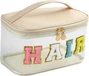Large Waterproof Chenille Letter Hair Clear Makeup Bag, Transparent PVC Nylon Preppy Patch Cosmetic Bag with Handle, Travel Organized Toiletry Bags (01Hair-Beige)