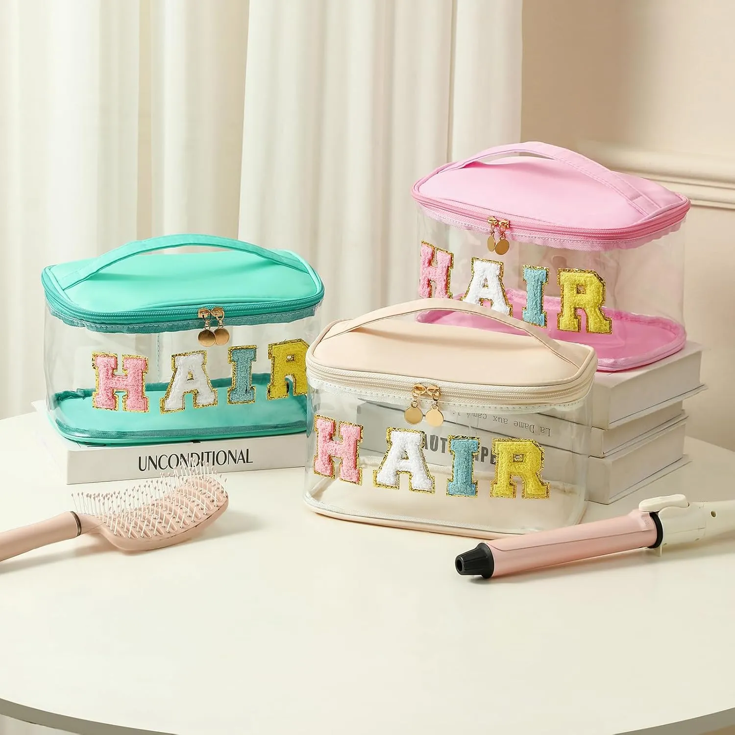 Large Waterproof Chenille Letter Hair Clear Makeup Bag, Transparent PVC Nylon Preppy Patch Cosmetic Bag with Handle, Travel Organized Toiletry Bags (01Hair-Beige)