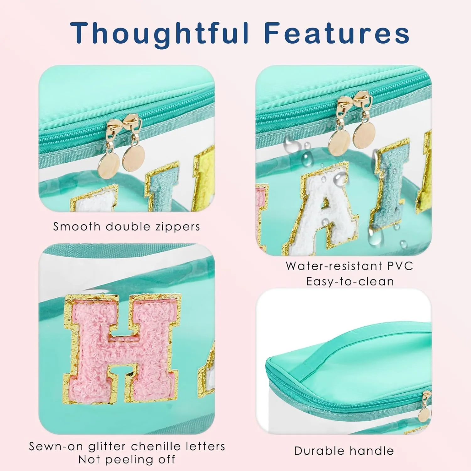 Large Waterproof Chenille Letter Hair Clear Makeup Bag, Transparent PVC Nylon Preppy Patch Cosmetic Bag with Handle, Travel Organized Toiletry Bags(02Hair-Green)