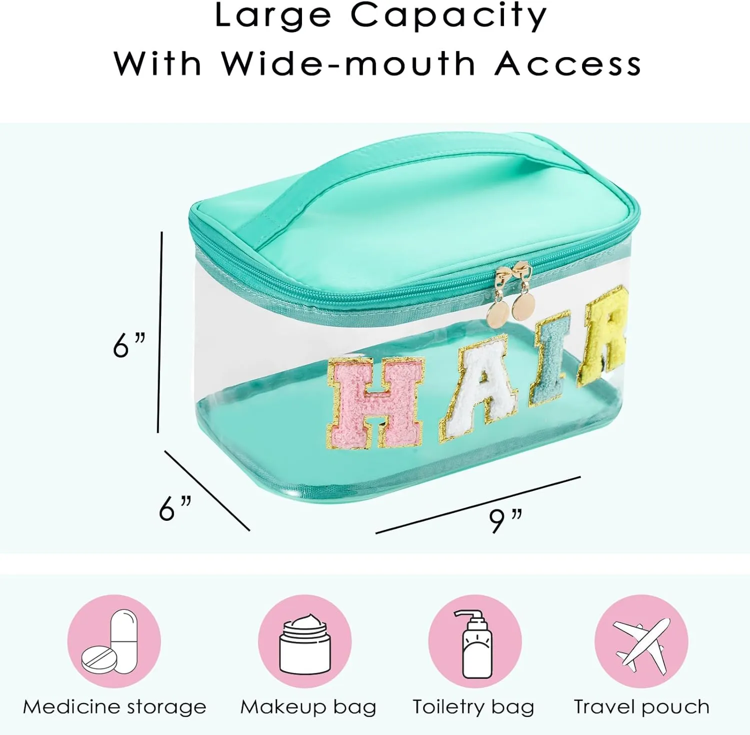 Large Waterproof Chenille Letter Hair Clear Makeup Bag, Transparent PVC Nylon Preppy Patch Cosmetic Bag with Handle, Travel Organized Toiletry Bags(02Hair-Green)