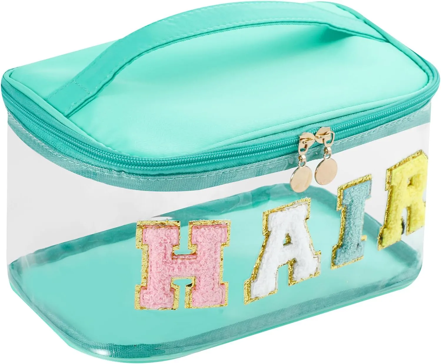 Large Waterproof Chenille Letter Hair Clear Makeup Bag, Transparent PVC Nylon Preppy Patch Cosmetic Bag with Handle, Travel Organized Toiletry Bags(02Hair-Green)