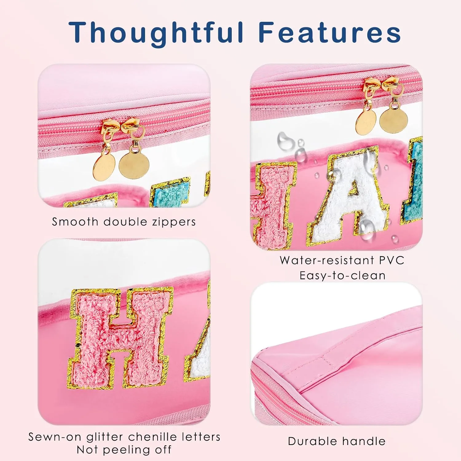 Large Waterproof Chenille Letter Hair Clear Makeup Bag, Transparent PVC Nylon Preppy Patch Cosmetic Bag with Handle, Travel Organized Toiletry Bags(03Hair-Pink)