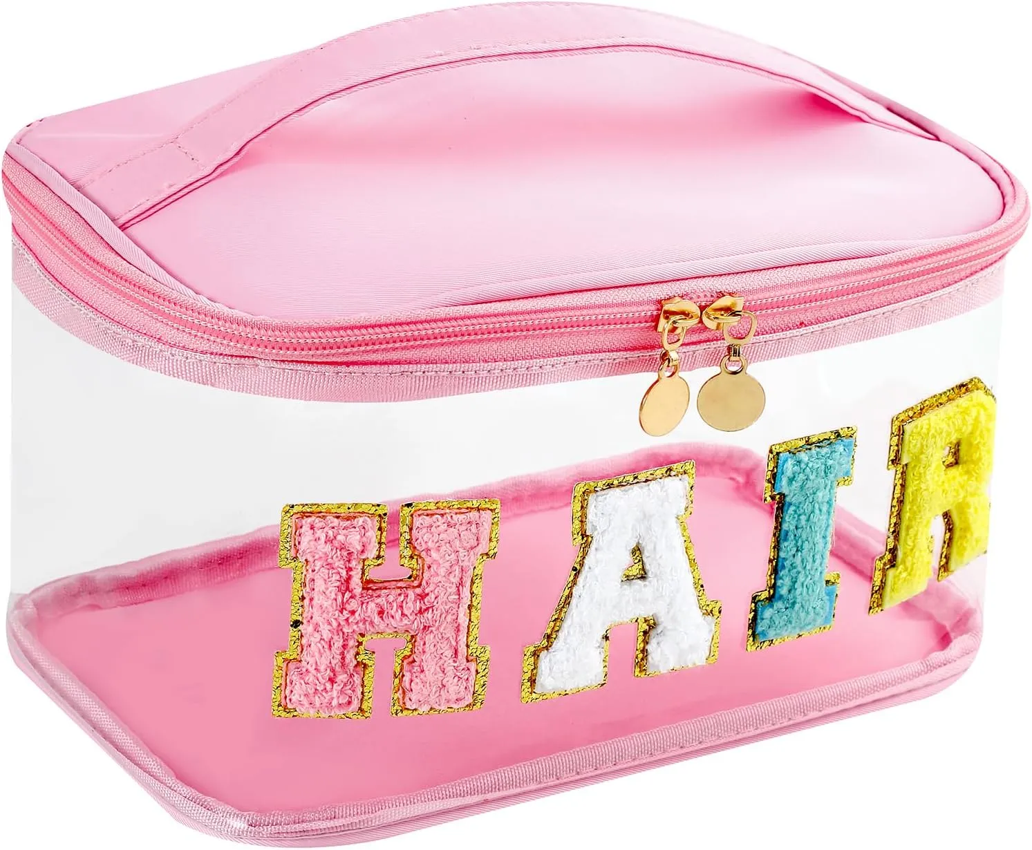 Large Waterproof Chenille Letter Hair Clear Makeup Bag, Transparent PVC Nylon Preppy Patch Cosmetic Bag with Handle, Travel Organized Toiletry Bags(03Hair-Pink)