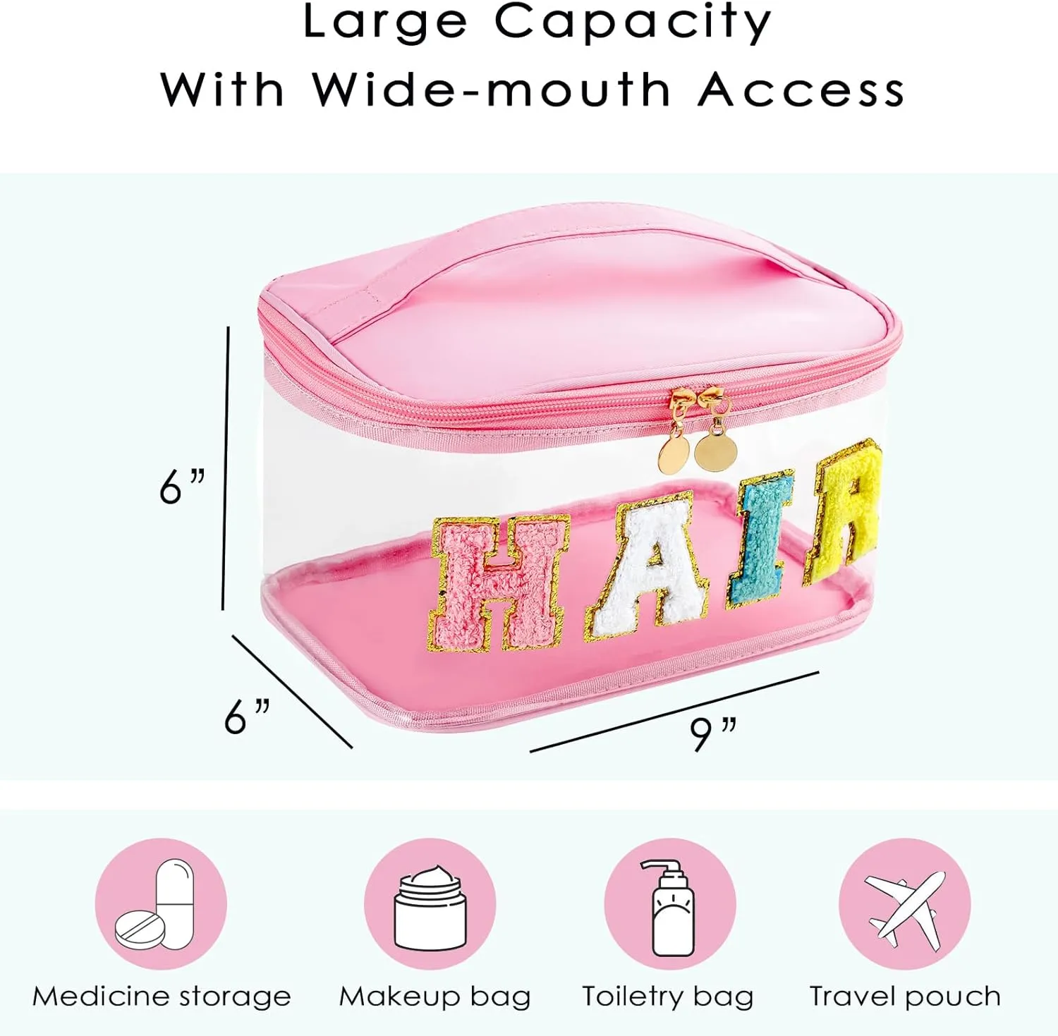 Large Waterproof Chenille Letter Hair Clear Makeup Bag, Transparent PVC Nylon Preppy Patch Cosmetic Bag with Handle, Travel Organized Toiletry Bags(03Hair-Pink)