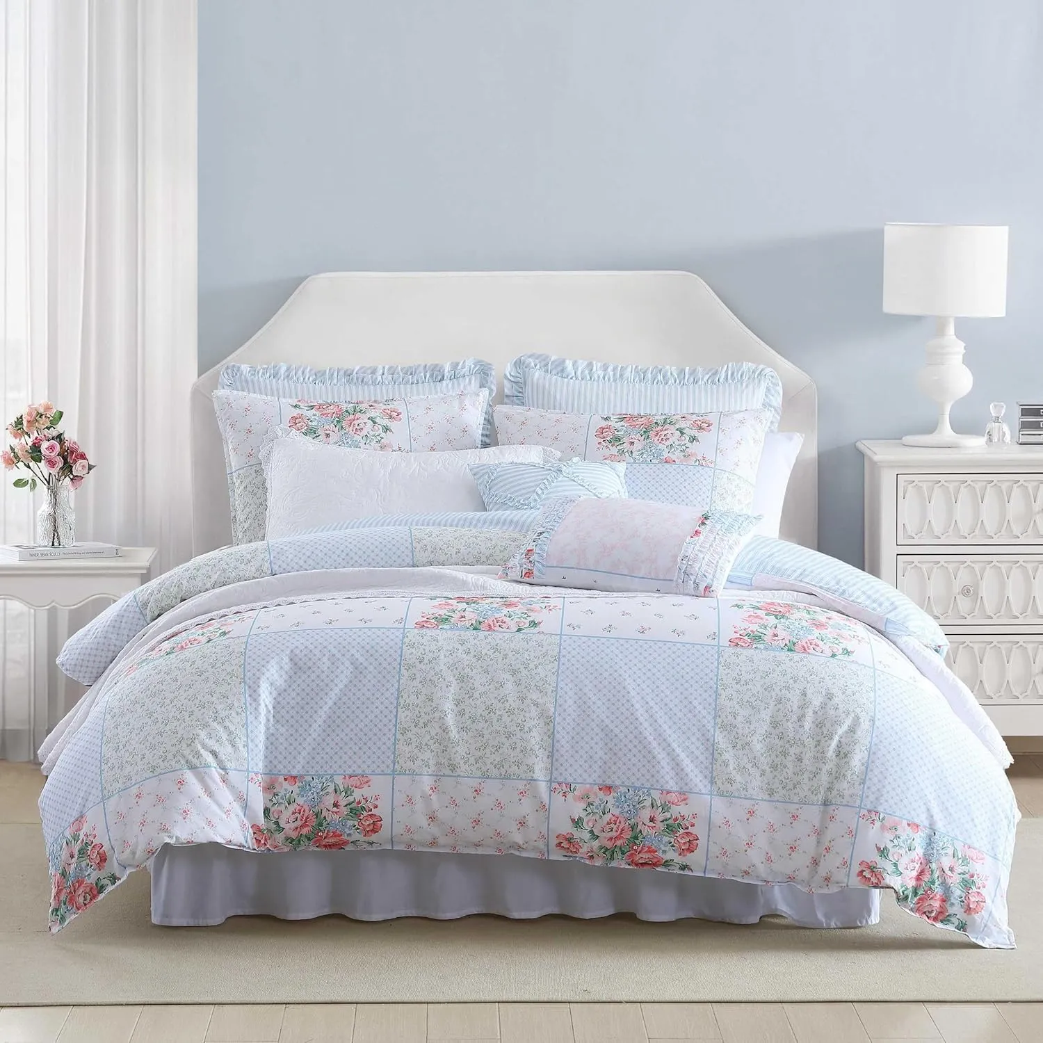 Laura Ashley - Duvet Set, Super Soft & Cozy Bedding, Includes Matching Shams & Bonus Throw Pillow Covers, Luxurious Home Decor (Hope Patchwork Blue, Full/Queen)