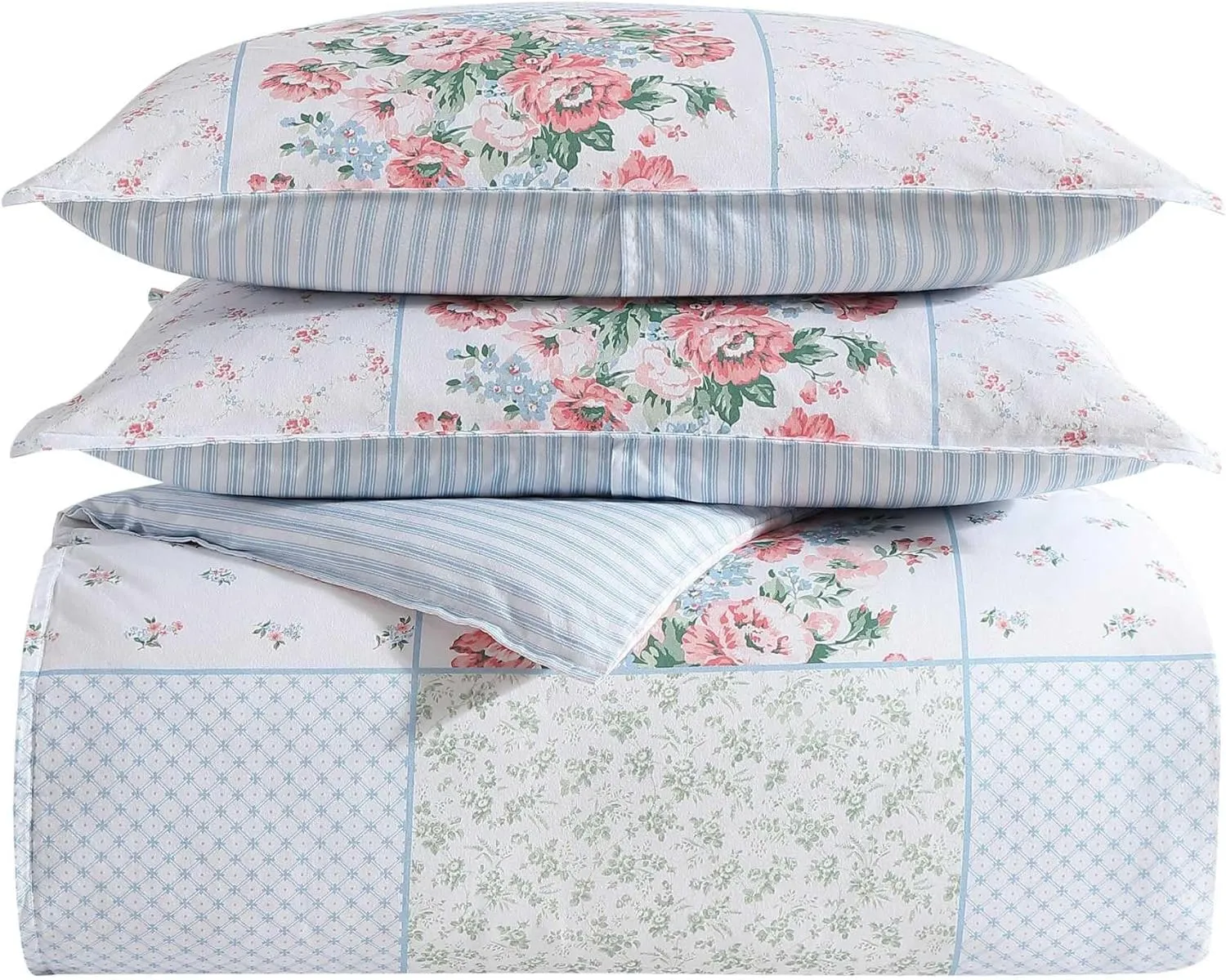 Laura Ashley - Duvet Set, Super Soft & Cozy Bedding, Includes Matching Shams & Bonus Throw Pillow Covers, Luxurious Home Decor (Hope Patchwork Blue, Full/Queen)