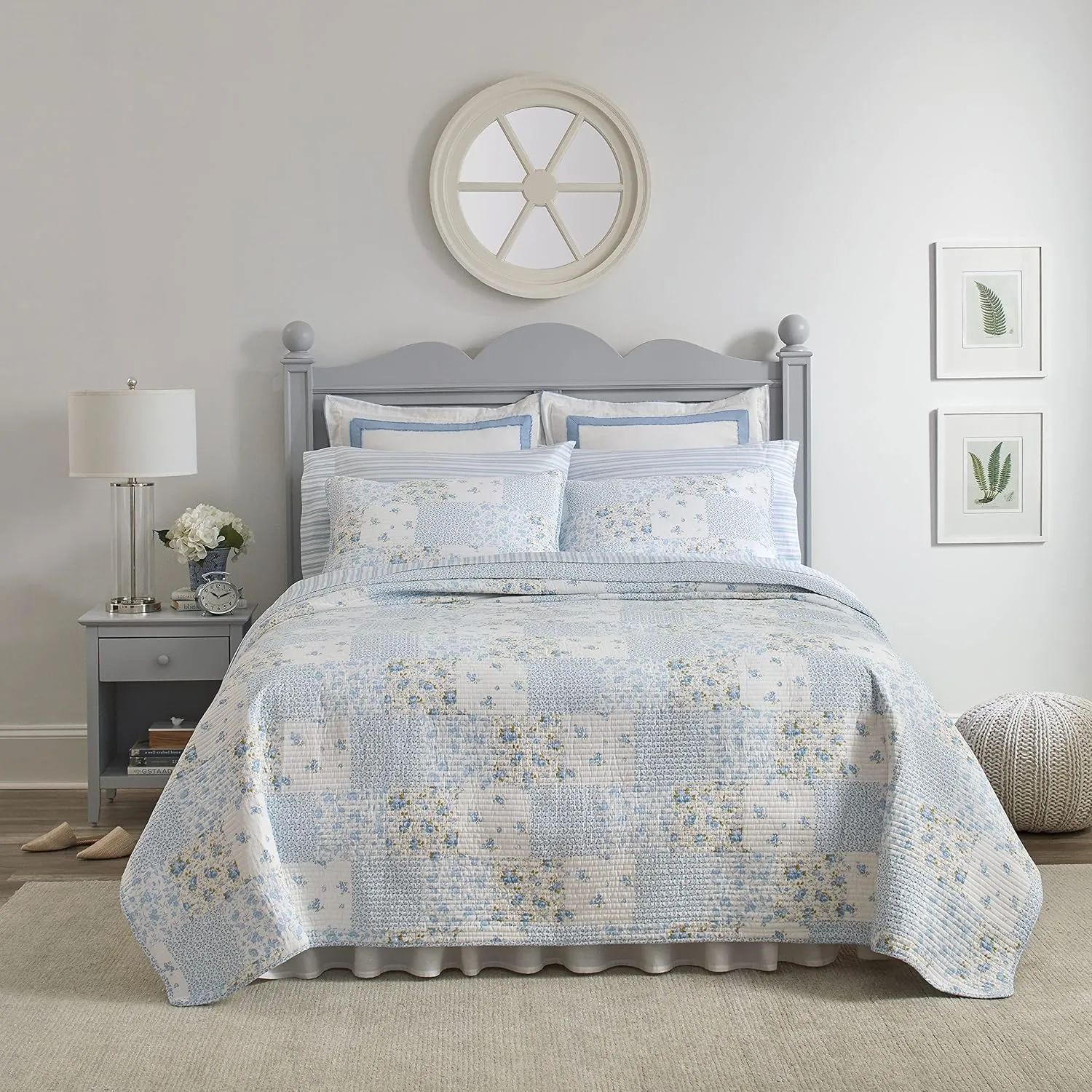 Laura Ashley - King Quilt Set, Cotton Reversible Bedding with Matching Shams, Bedroom Decor Ideal for All Seasons (Kenna Blue, King)