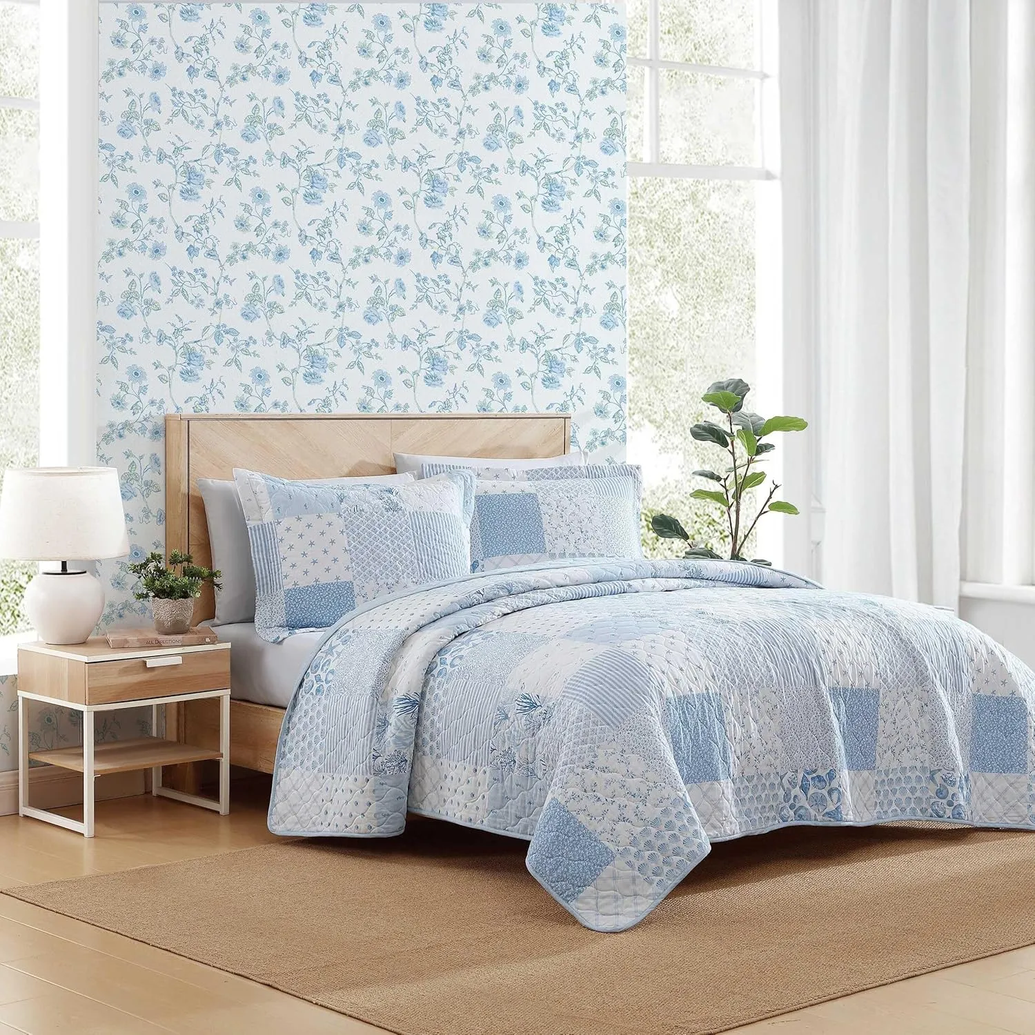 Laura Ashley - Queen Quilt Set, Reversible Premium Bedding with Matching Shams, Luxuriously Soft Home Decor (Colleens Coastal Patchwork Blue, Queen)