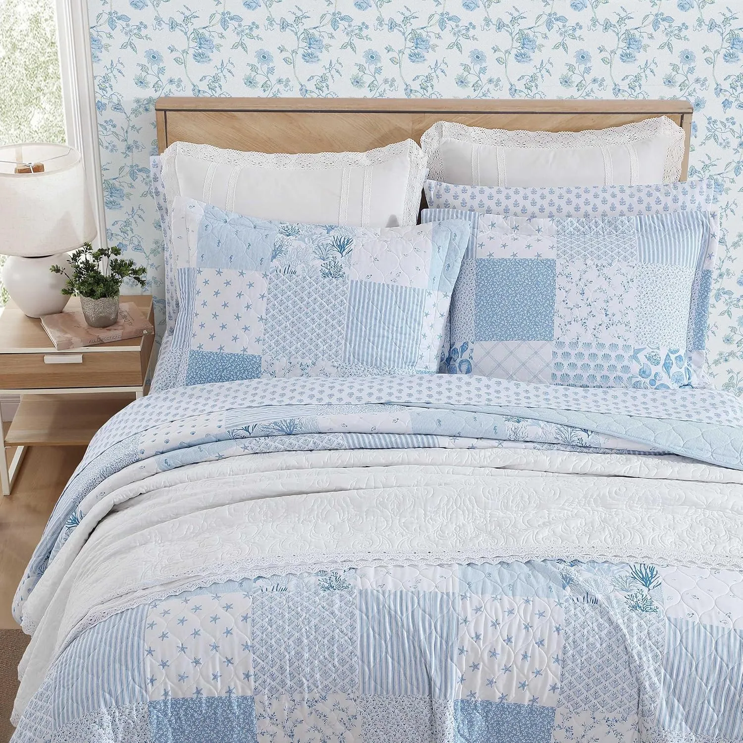Laura Ashley - Queen Quilt Set, Reversible Premium Bedding with Matching Shams, Luxuriously Soft Home Decor (Colleens Coastal Patchwork Blue, Queen)
