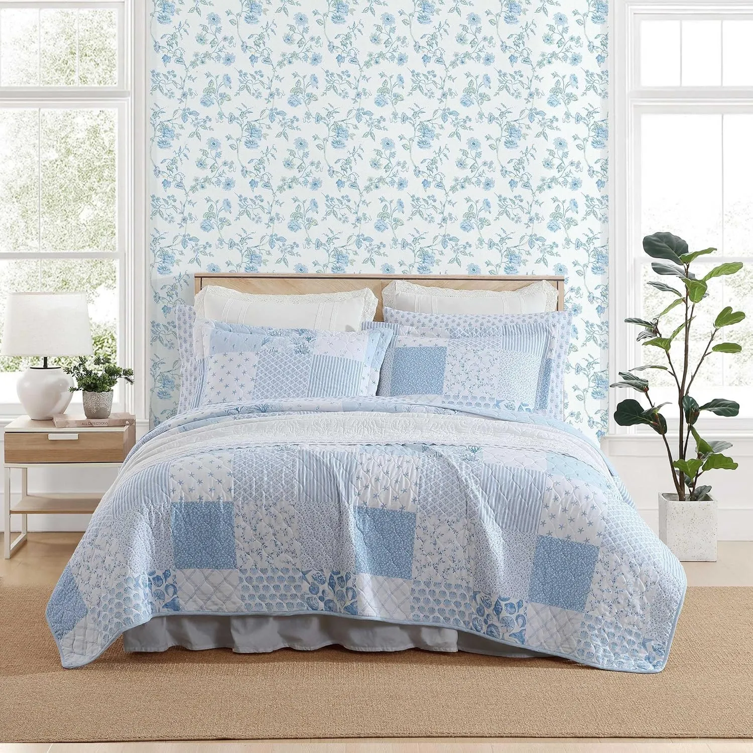 Laura Ashley - Queen Quilt Set, Reversible Premium Bedding with Matching Shams, Luxuriously Soft Home Decor (Colleens Coastal Patchwork Blue, Queen)