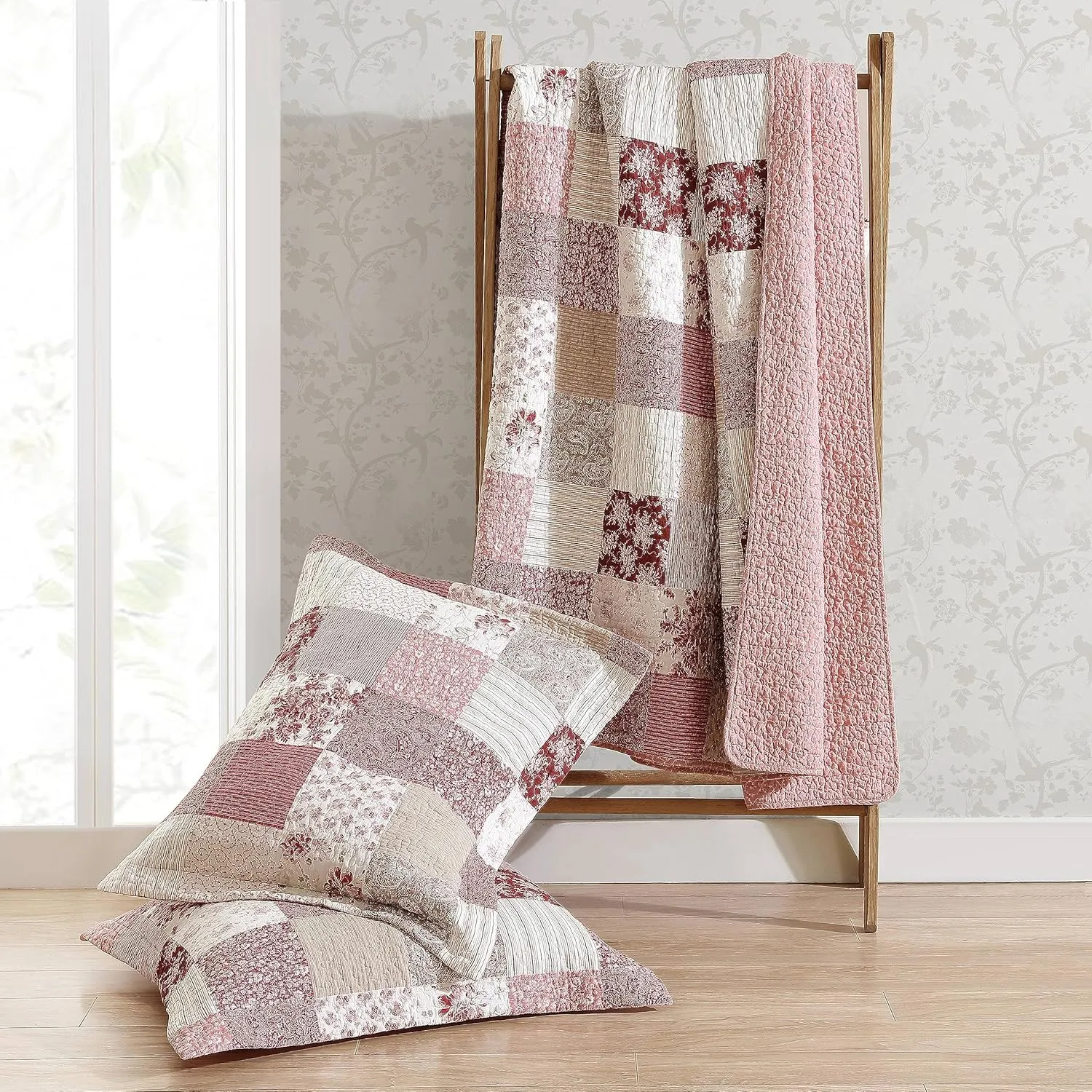 Laura Ashley - Twin Quilt Set, Reversible Cotton Bedding with Matching Sham, Patchwork Inspired Home Decor (Celina Patchwork Red, Twin)