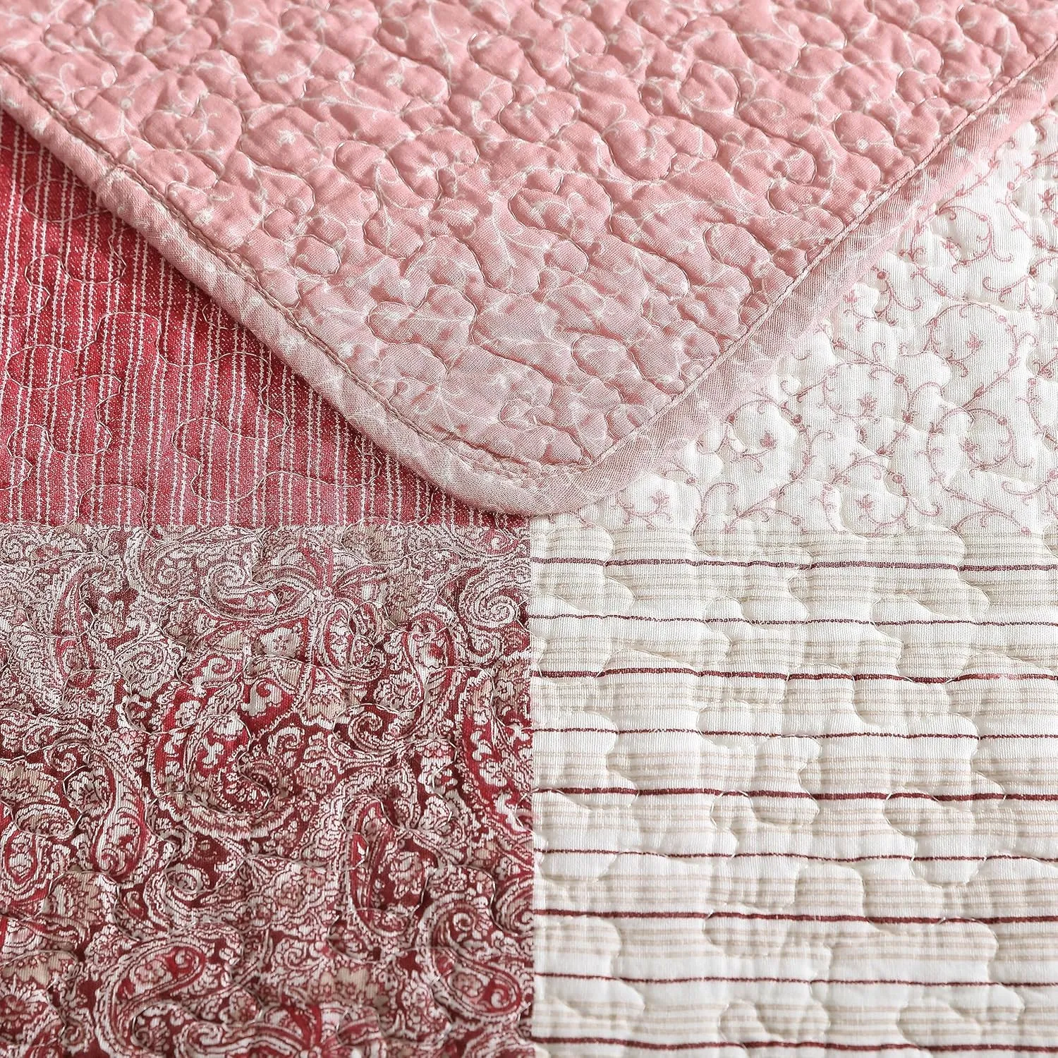 Laura Ashley - Twin Quilt Set, Reversible Cotton Bedding with Matching Sham, Patchwork Inspired Home Decor (Celina Patchwork Red, Twin)