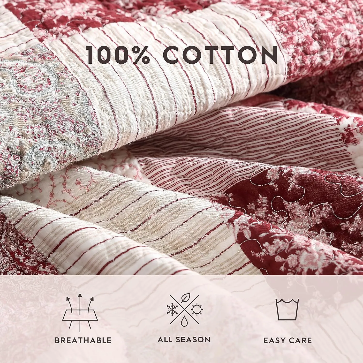 Laura Ashley - Twin Quilt Set, Reversible Cotton Bedding with Matching Sham, Patchwork Inspired Home Decor (Celina Patchwork Red, Twin)