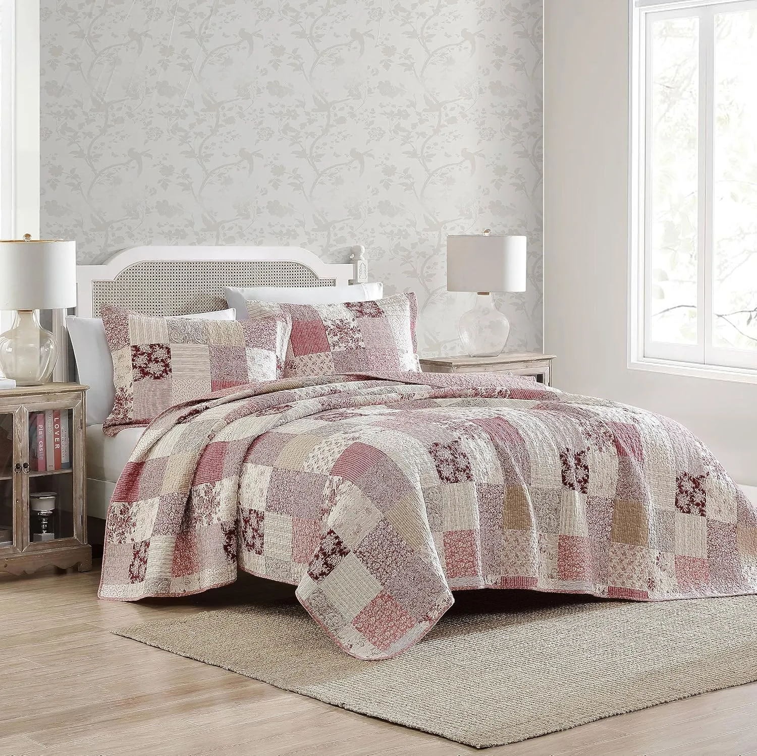 Laura Ashley - Twin Quilt Set, Reversible Cotton Bedding with Matching Sham, Patchwork Inspired Home Decor (Celina Patchwork Red, Twin)