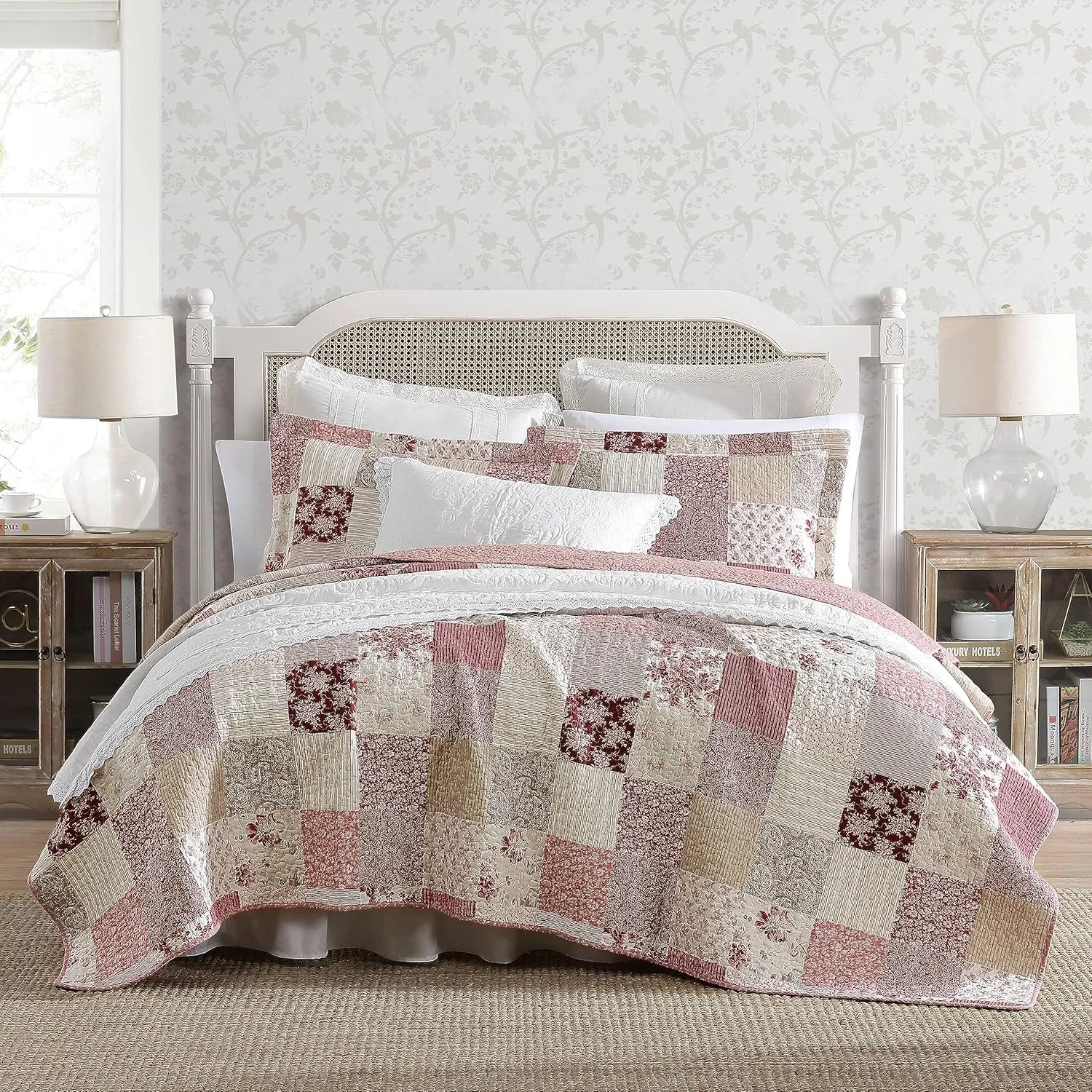 Laura Ashley - Twin Quilt Set, Reversible Cotton Bedding with Matching Sham, Patchwork Inspired Home Decor (Celina Patchwork Red, Twin)