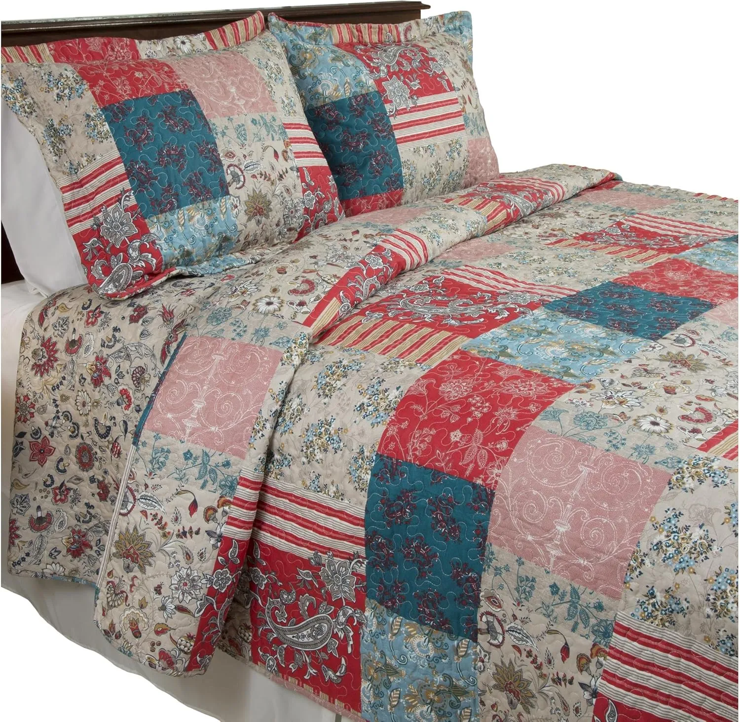 Lavish Home 3-Piece Quilt Set - Mallory Classic Patchwork Full/Queen Quilt with 2 Pillow Shams - Machine Washable Lightweight Bedding (Multicolor)