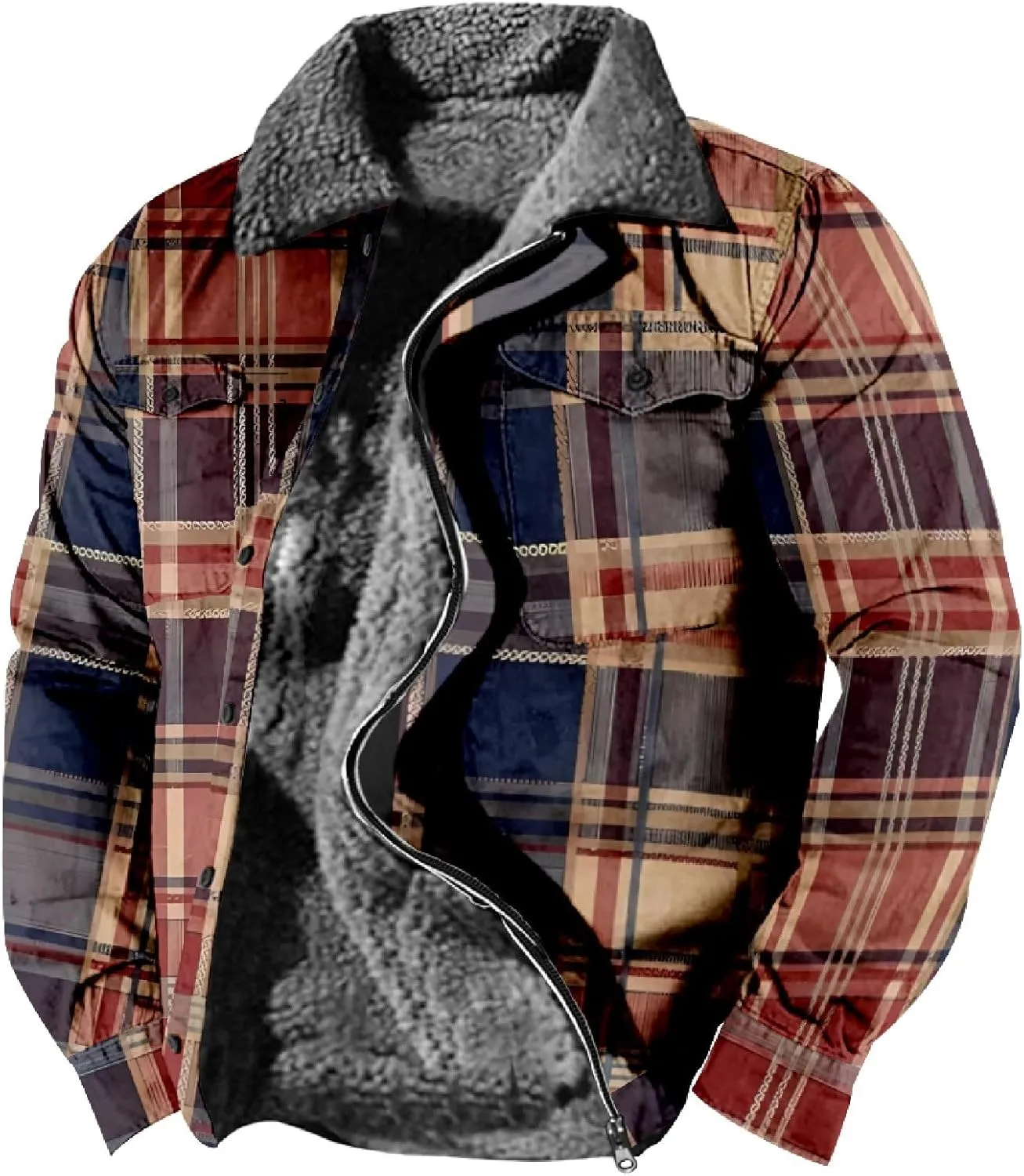 LCMTWX Men's Cotton Plaid Shirts Jacket Print Hooded Zipper Pocket Long Sleeve Shirt Patchwork Jacket Loose Thickened Heavy