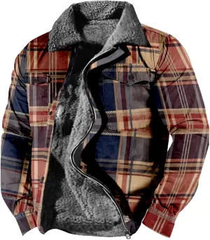 LCMTWX Men's Cotton Plaid Shirts Jacket Print Hooded Zipper Pocket Long Sleeve Shirt Patchwork Jacket Loose Thickened Heavy