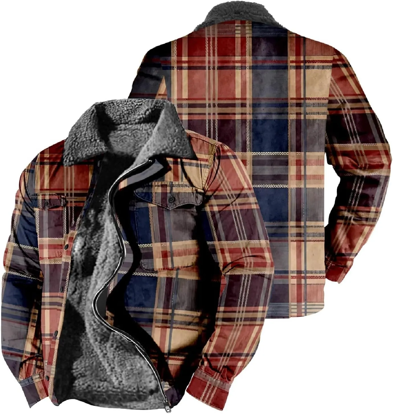 LCMTWX Men's Cotton Plaid Shirts Jacket Print Hooded Zipper Pocket Long Sleeve Shirt Patchwork Jacket Loose Thickened Heavy